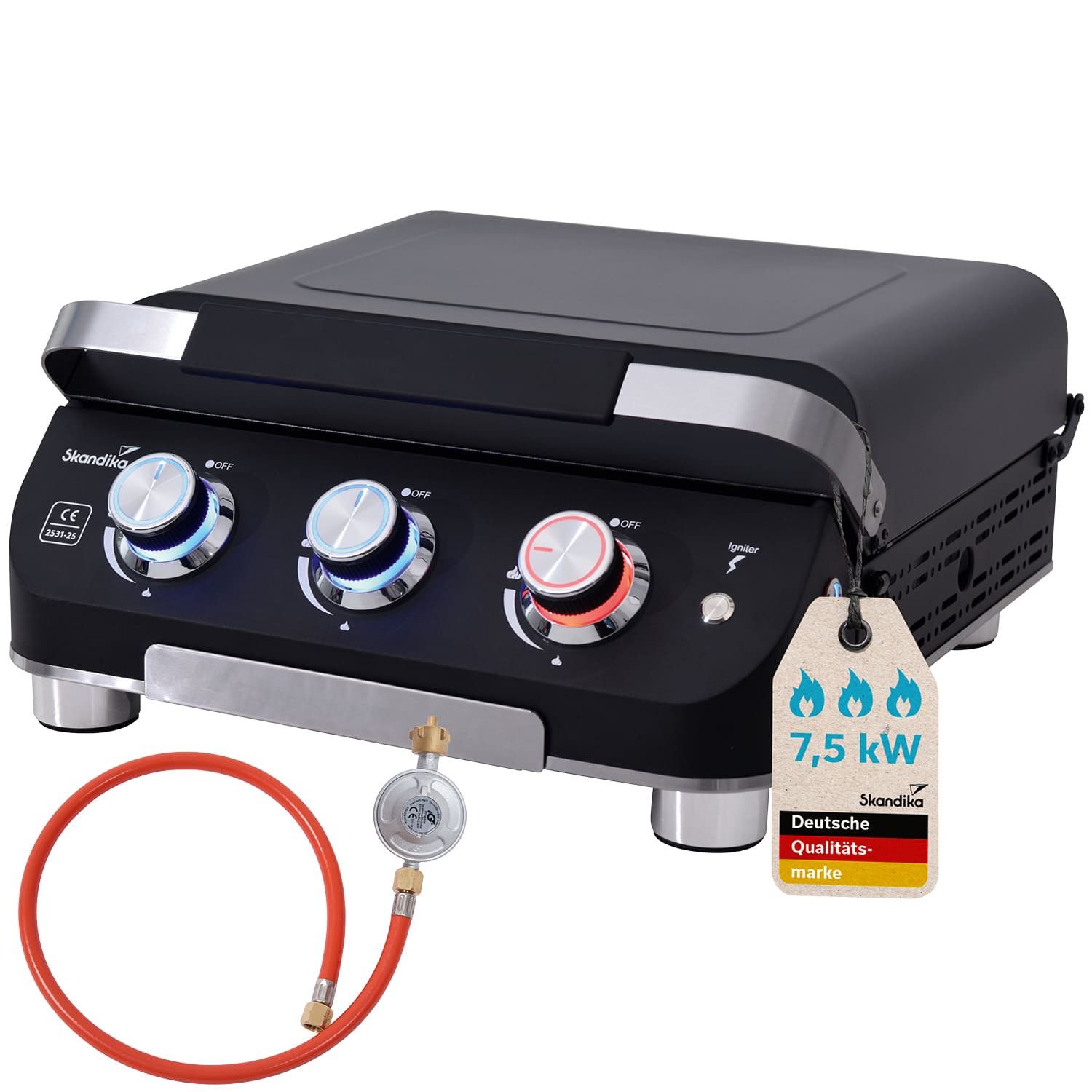 Skandika Camping-Gasgrill 3-Brenner Gasplancha Palo, Balkongrill, Tischgrill, Grillplancha, Zündung: elektrische Pulszündung, Höhenverstellbare Füße, transportabler Gasgrill mit Kochplatte, Abtropfschale