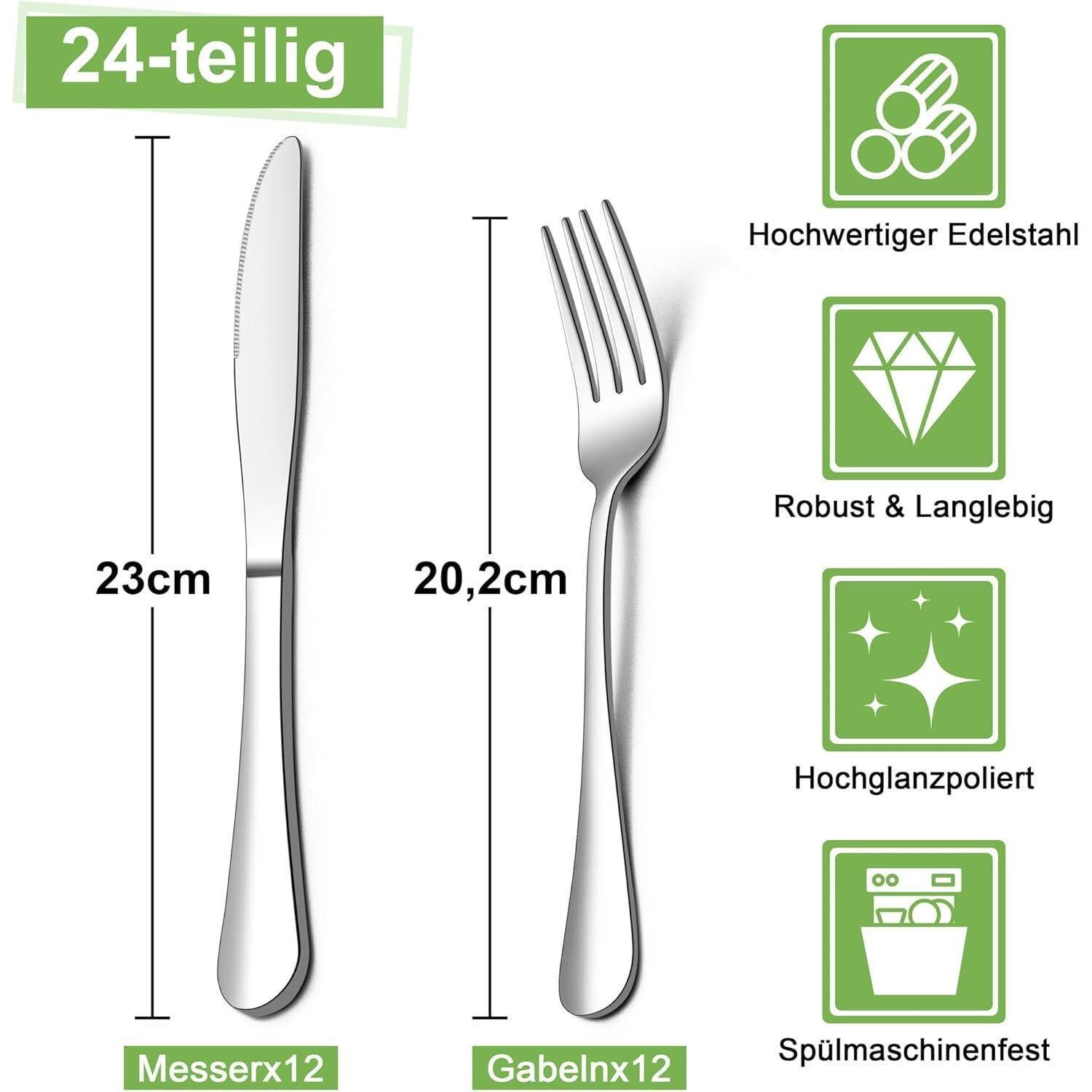 LuxusKollektion Steakbesteck Steakbesteck Edelstahl 24teilig Messer Gabeln 24 Runder Griff