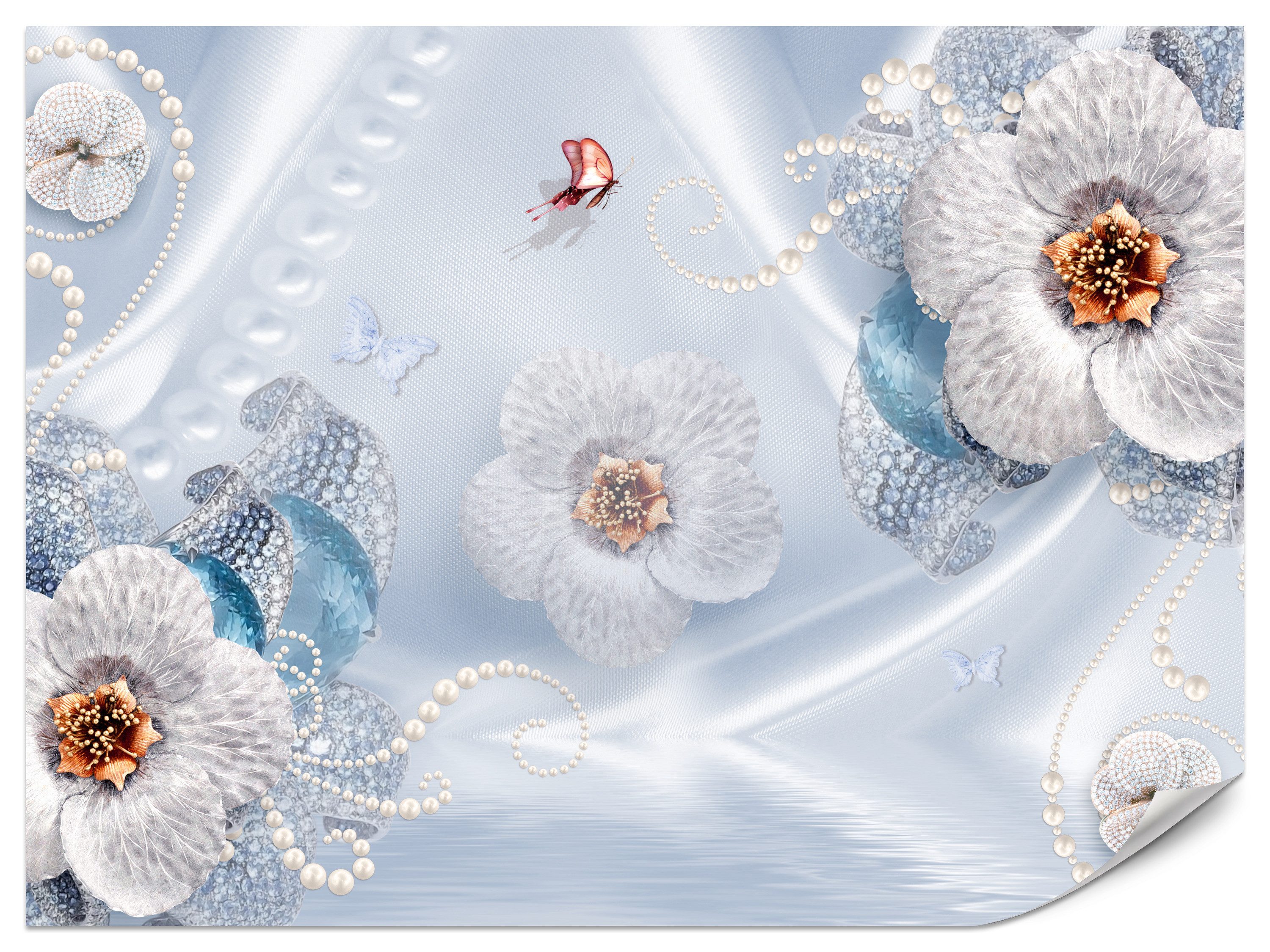 Muralo Fototapete Vliestapete - Kristallakzente, Blumen, Perlen, Blautöne, Glatt, Grafisch, (Packung, 1 St., 100x70 cm), Kleber im Set, 3D-Optik, Wohnzimmer-Dekoration