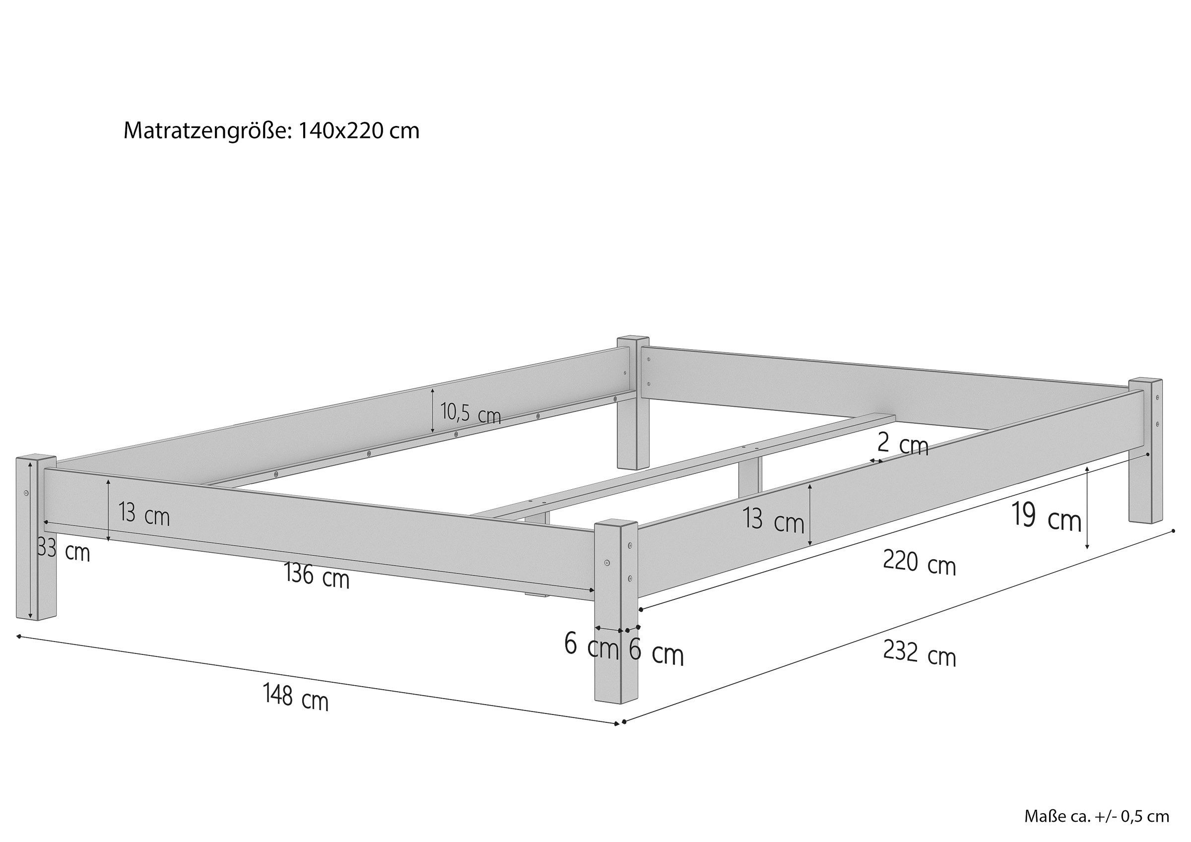 ERST-HOLZ Bettgestell Stabiles Holzbett 140 x 220 cm Doppelbett in Überlänge Buche Massiv, Buche farblos lackiert