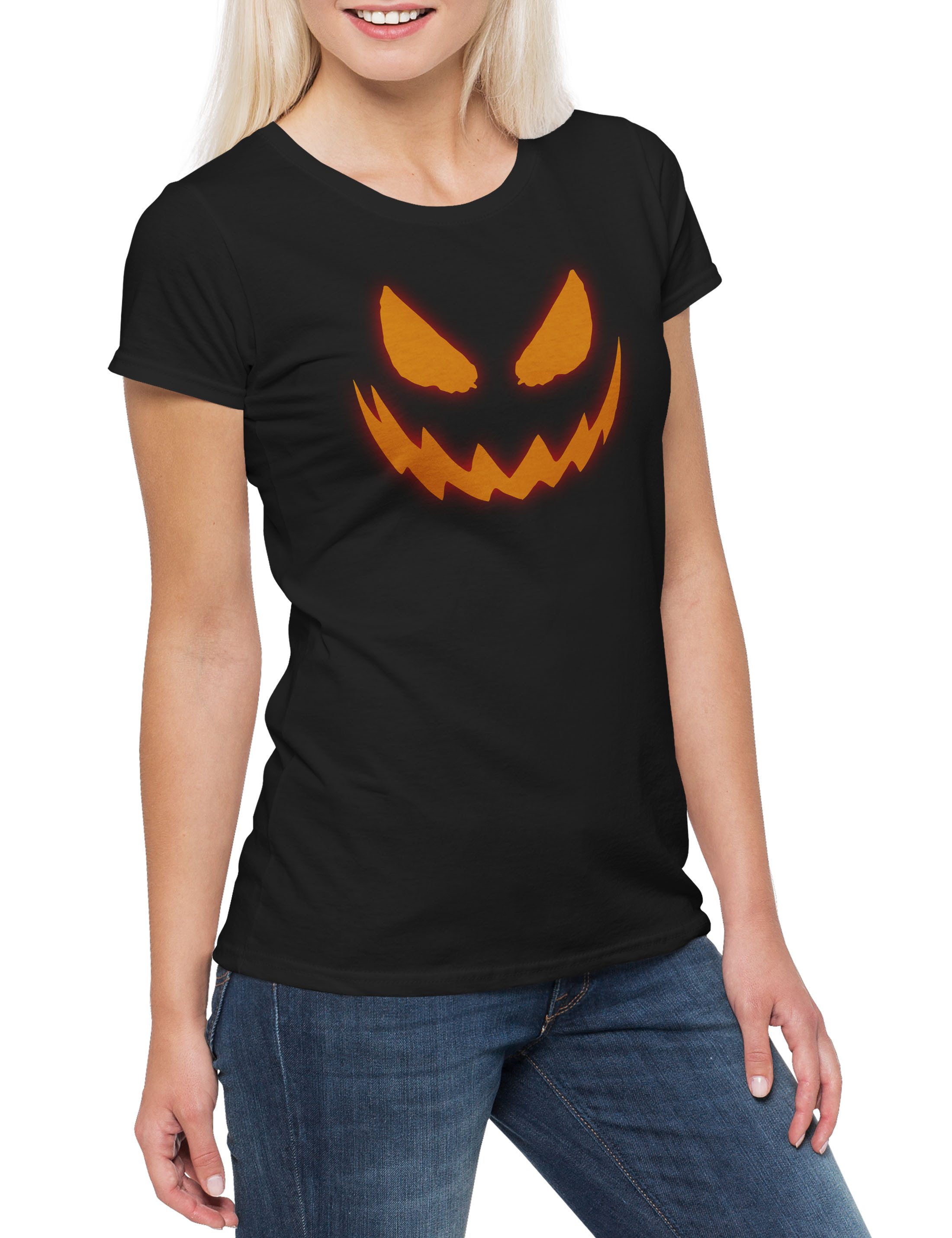 Urban Backwoods Print-Shirt Glowing Halloween Pumpkin I Damen T-Shirt Kürbis Horror Verkleidung (1-tlg) Trick Treat Samhain Costume