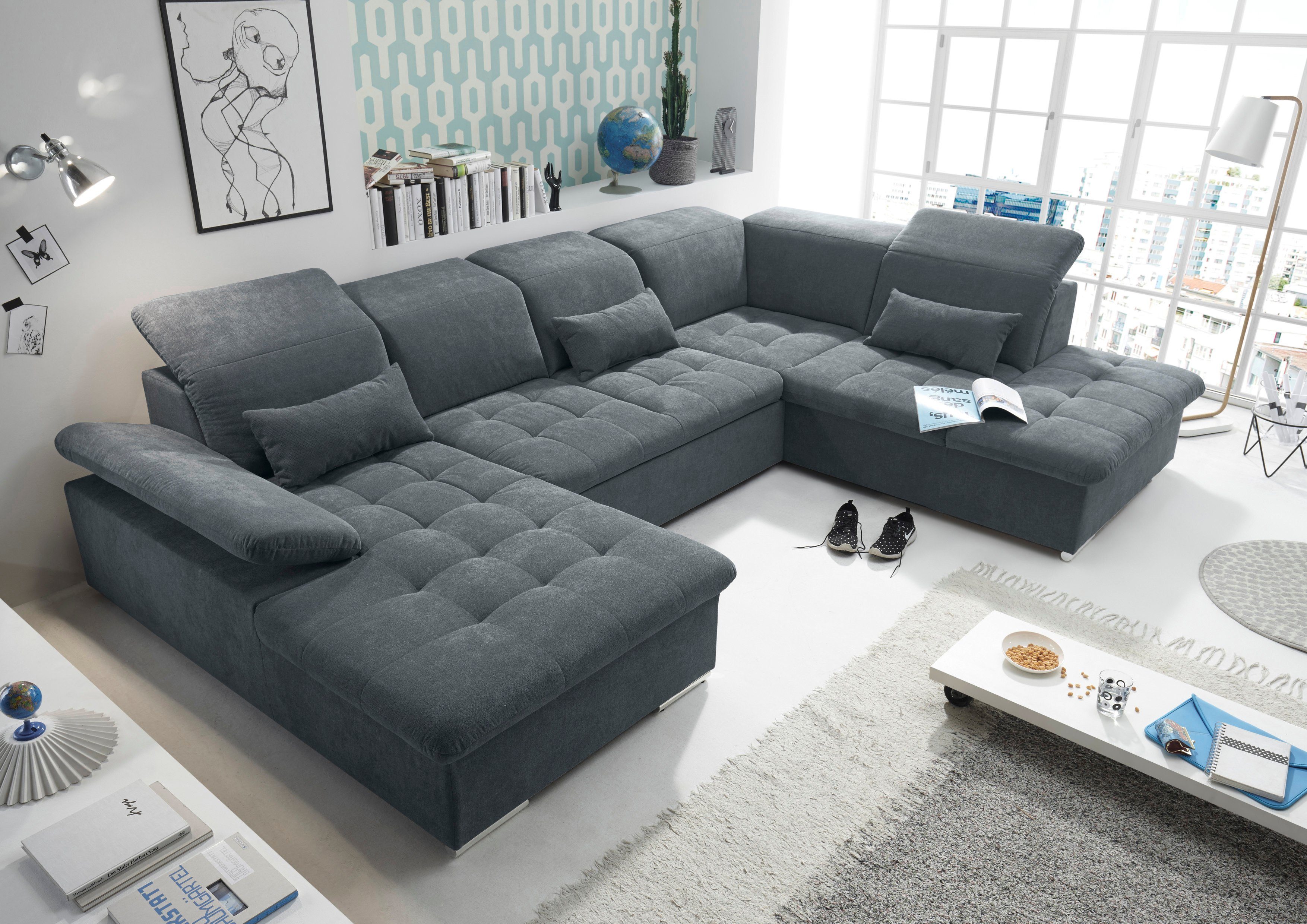 ED EXCITING DESIGN Wohnlandschaft Wayne U-Form mit Bettfunktion, Bettkasten, Arm- und Kopfteilverstellung & 3 Nierenkissen