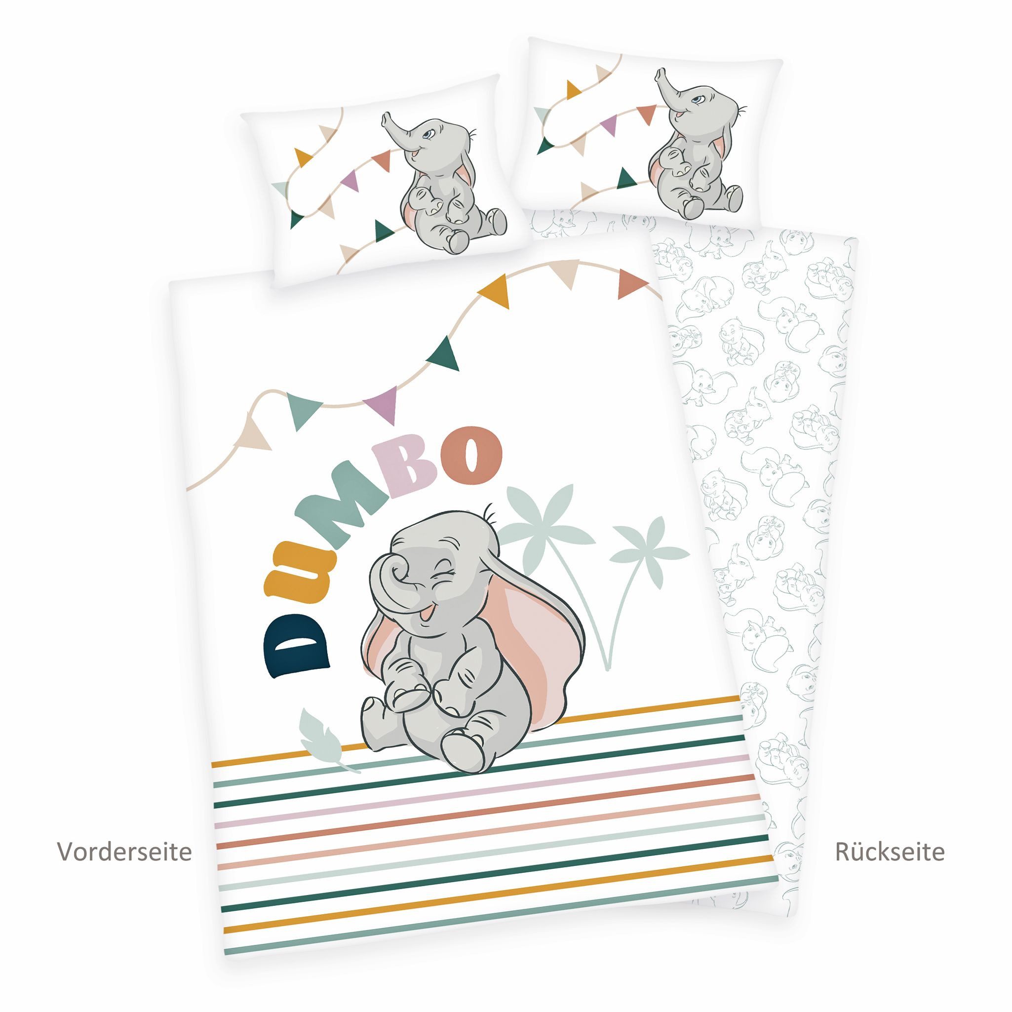 Herding Babybettwäsche 100x135cm Dumbo Disney Elefant Streifen Bunt, Renforcé, 2 teilig, fröhlicher fliegender Elefant, gestreift, Wendebettwäsche
