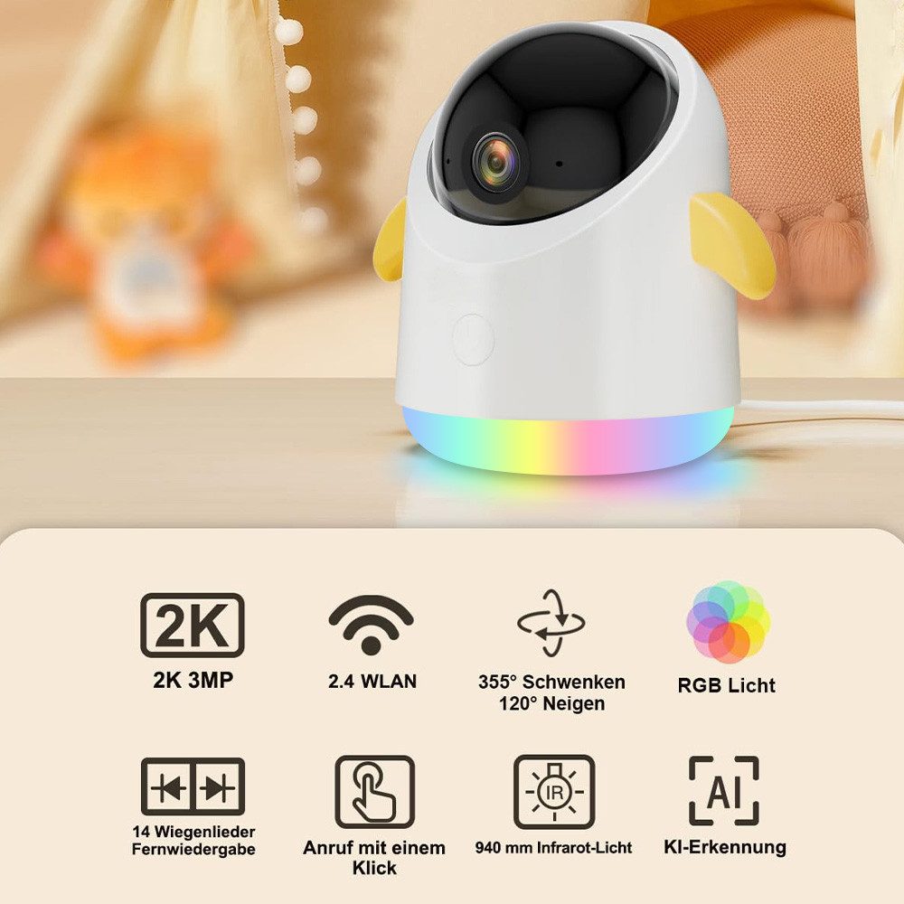 Boifun Video-Babyphone Babyphone mit Kamera 2K/3MP, 5 Zoll WiFi Video Babyphone PTZ 355°, IR Nachtsicht, Nachtlicht, Schlaflieder,Temperaturanzeige, 1-tlg., unterstützt Mobile App Steuerung,4×Zoom, Weinen/Bewegungs/Geräuscherkennung, Temperaturerkennun