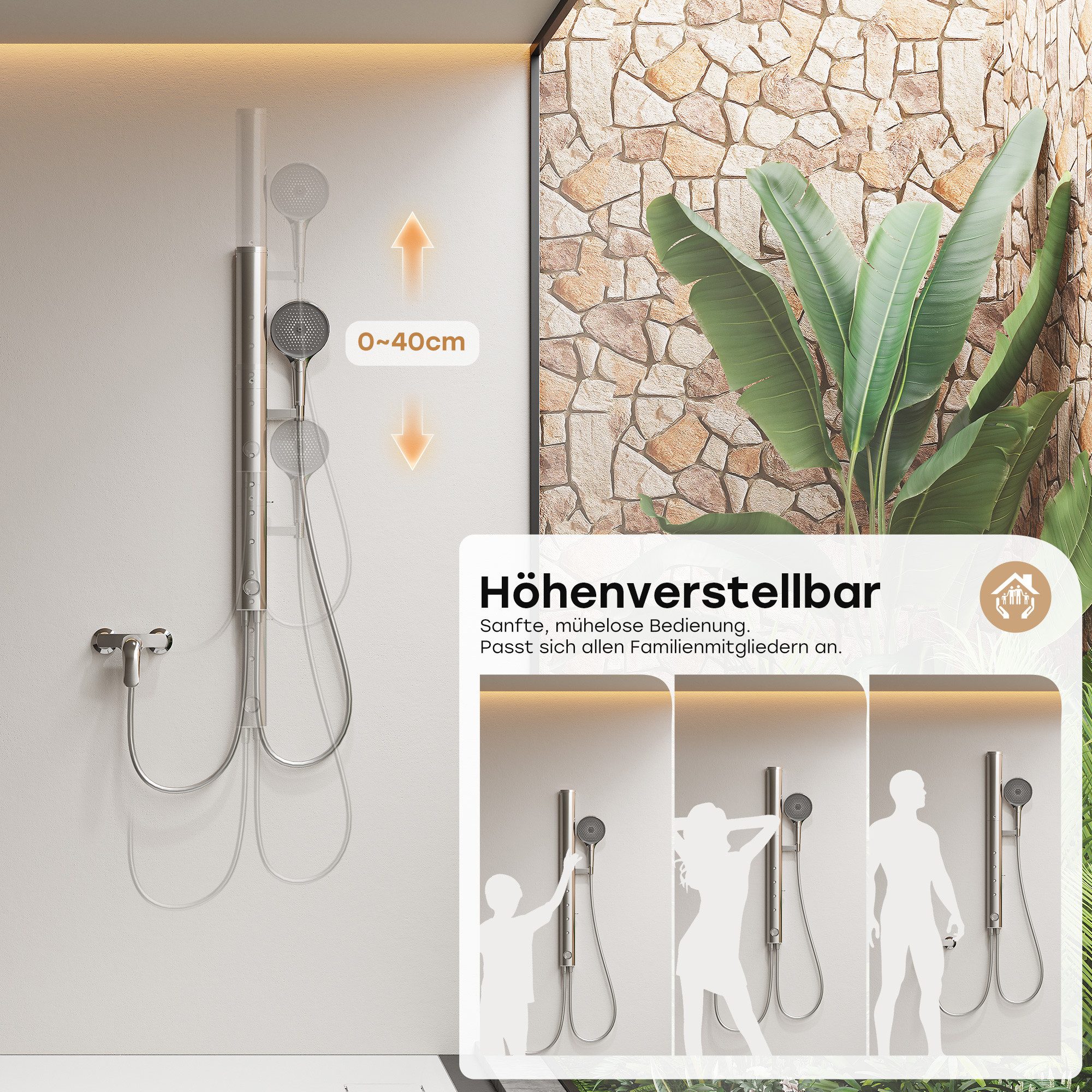 HOROW Duschsystem Brausegarnitur mit Thermostatarmatur und faltbarer Regendusche, 4 Strahlart(en), Regendusche Set, 3 Massage-Modi, Klappbares Duschset, Höhenve – Bild 4 von 5