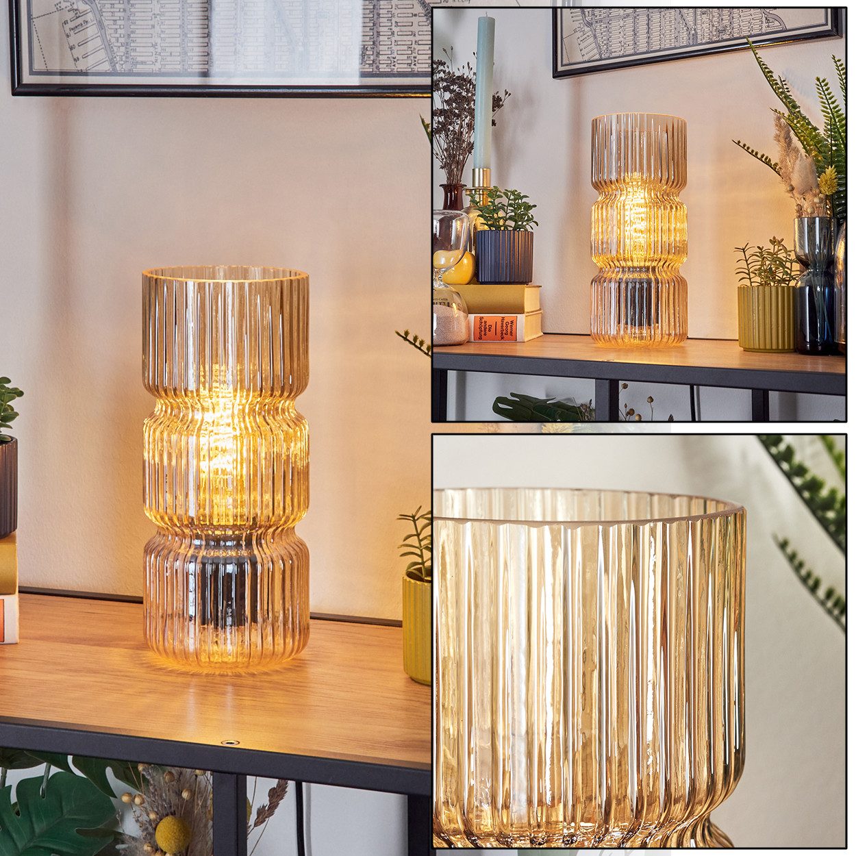 hofstein Tischleuchte Tischlampe aus Metall/Glas in Schwarz/Bernsteinfarben, ohne Leuchtmittel, mit Glasschirm (10,5cm) u. An/-Auschalter, 1x E27, ohne Leuchtmittel