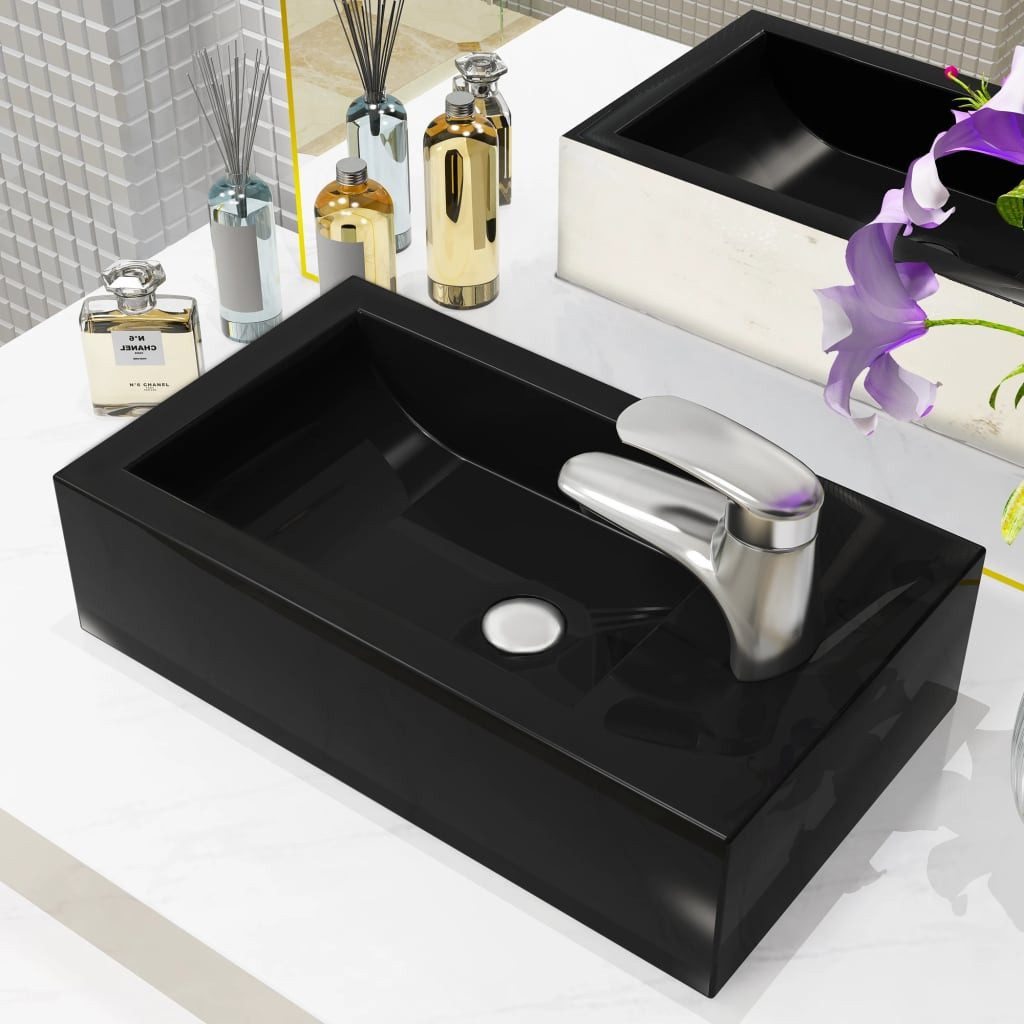 vidaXL Waschbecken Waschbecken Rechteckig + Hahnloch Keramik Schwarz 46x25,5x12 cm