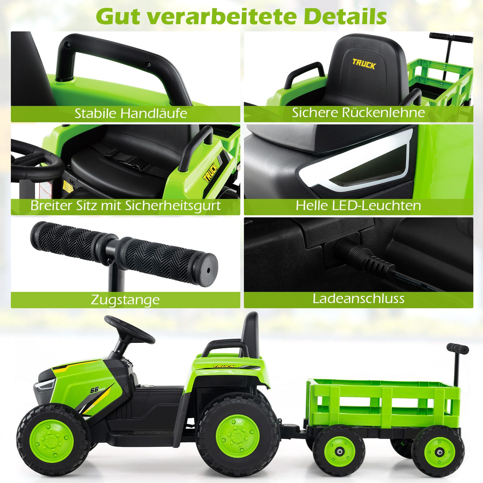 COSTWAY Elektro-Kinderauto, Belastbarkeit 30 kg, (1-tlg), Elektrofahrzeug, Kinder Rutsch-Traktor, mit abnehmbarem Anhänger