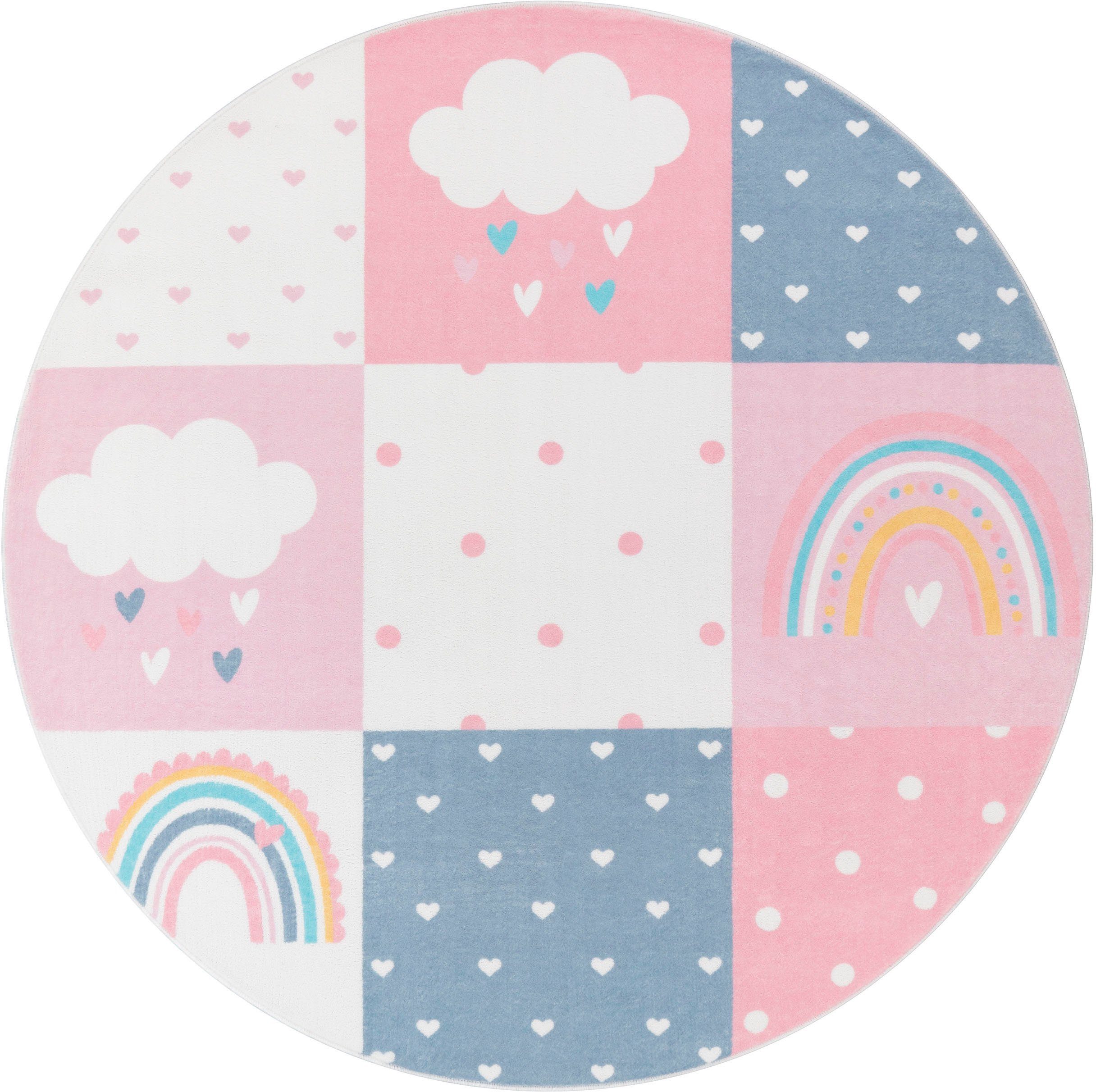 Kinderteppich Eliz 396, Paco Home, rund, Höhe: 12 mm, Spielteppich, Patchwork-Muster, Motiv Regenbogen, Wolke & Herz