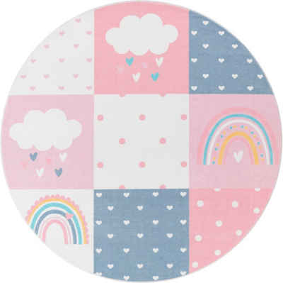 Kinderteppich Eliz 396, Paco Home, rund, Höhe: 12 mm, Spielteppich, Patchwork-Muster, Motiv Regenbogen, Wolke & Herz