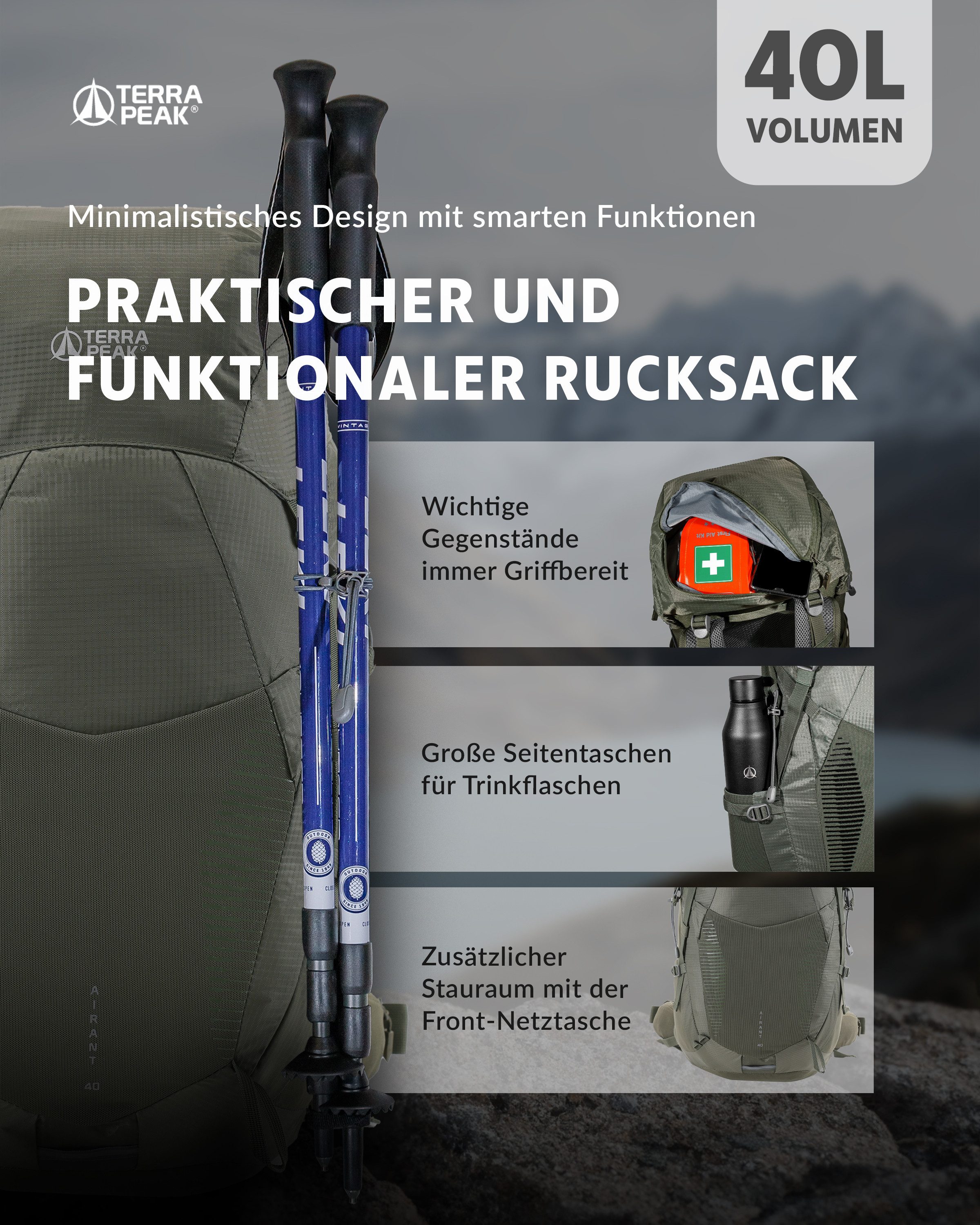 Terra Peak Wanderrucksack Airant 40, Rucksack mit belüftetem Netzrücken groß, 40 Liter