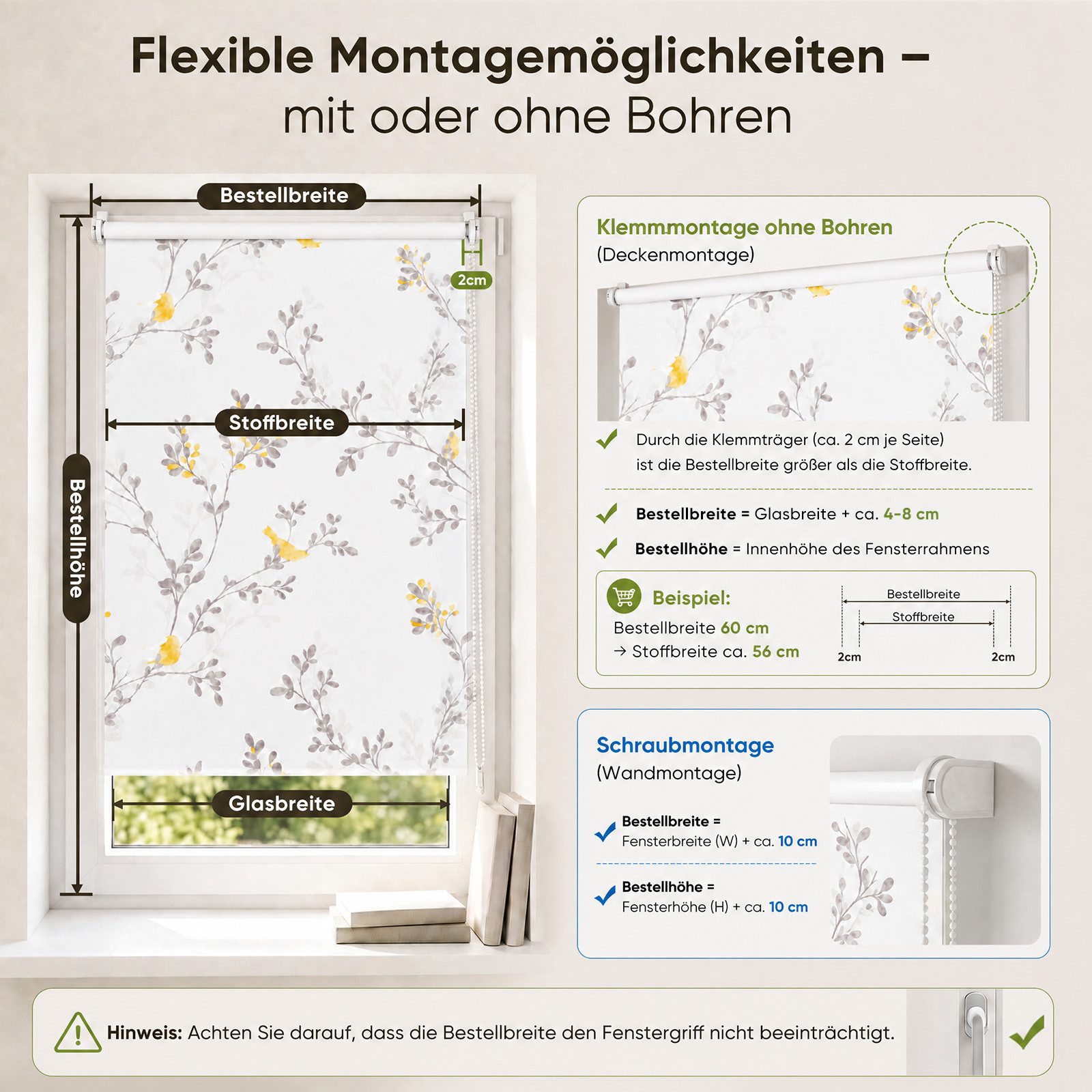 Rollo Seitenzugrollo Verdunkelungsrollo ohne Bohren verdunkelnd Rollo, Sekey, Klemmfix, Klemmfix, Trendiges Rollo Verdunkelung mit Vogel gelb auf weiss – NEUHEI – Bild 4 von 5