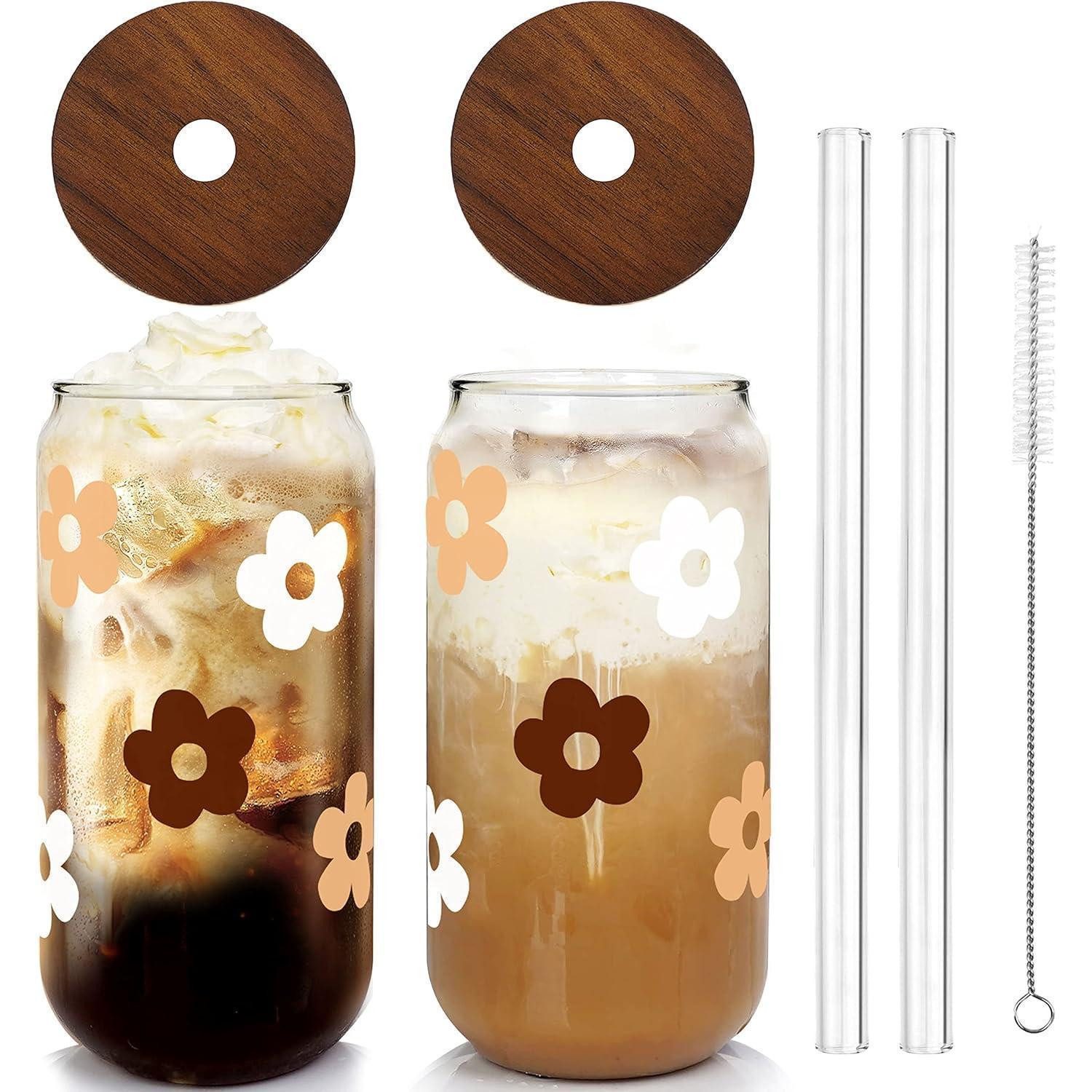 LuxusKollektion Tumbler-Glas Glasbecher 590 ml dosenförmig Deckel Strohhalm 2 x Braune Blumen
