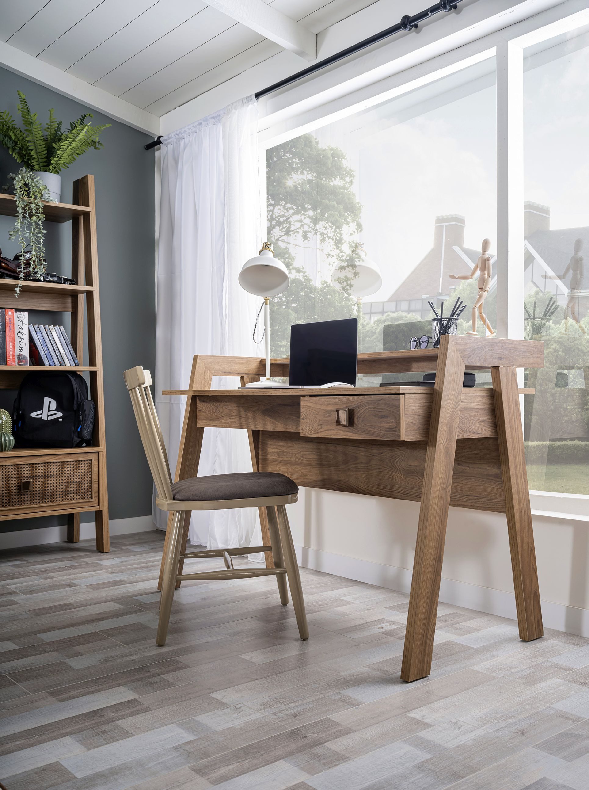 Möbel-Zeit Schreibtisch TRIO – A-Form Design in Holzoptik – Mit 2x USB & Schublade