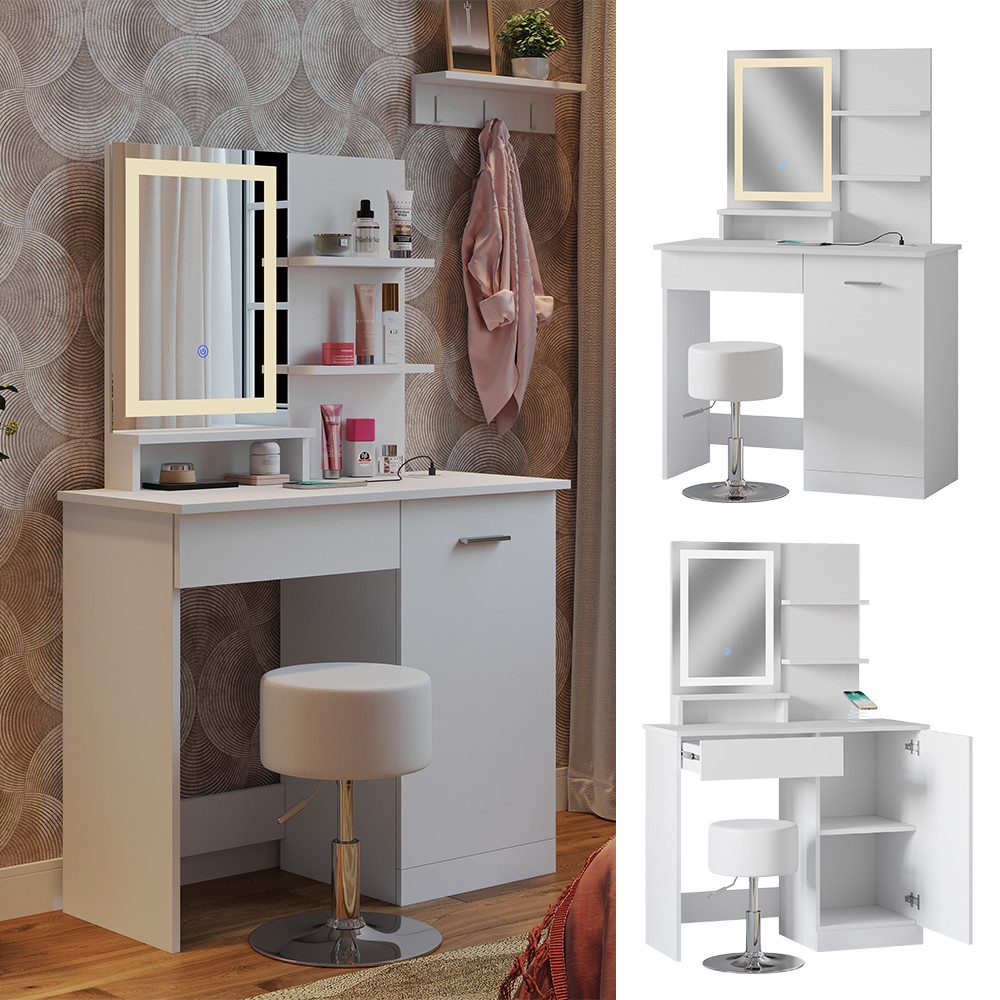 Vicco Schminktisch Julia, Weiß, 90 cm mit LED-Spiegel, QI-Ladegerät und Hoc günstig online kaufen