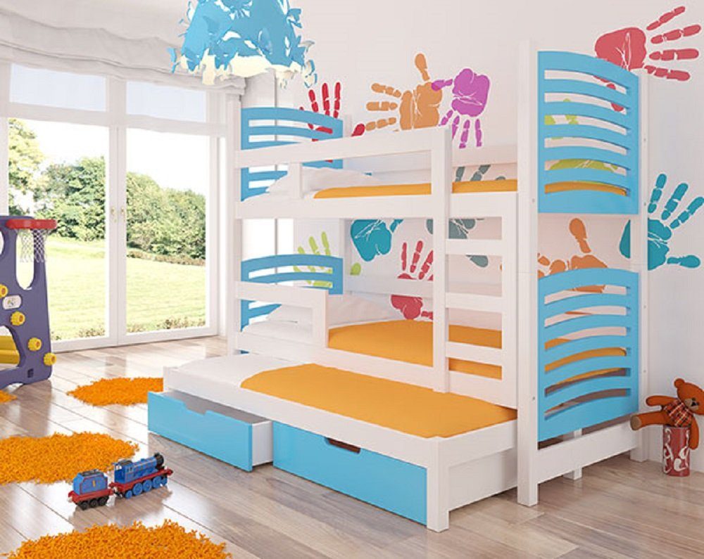 Feldmann-Wohnen Hochbett SORIA (Etagenbett mit 3 Schlafgelegenheiten) Farbe wählbar Kiefer weiß / Absetzungen: blau