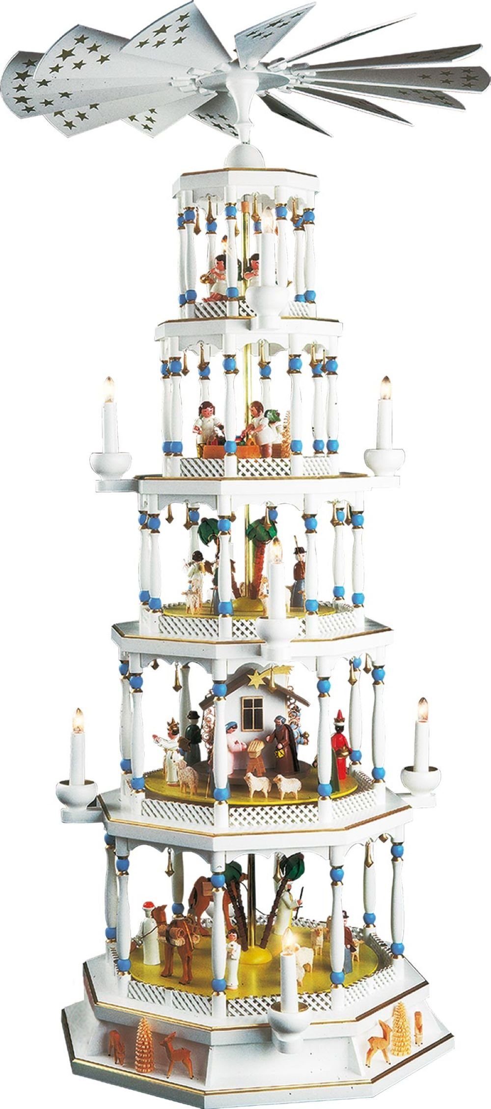 Richard Glaesser Weihnachtspyramide Heilige Familie Romantik weiß, 5 stöckig, Höhe 123cm, Handwerkskunst original Erzgebirge