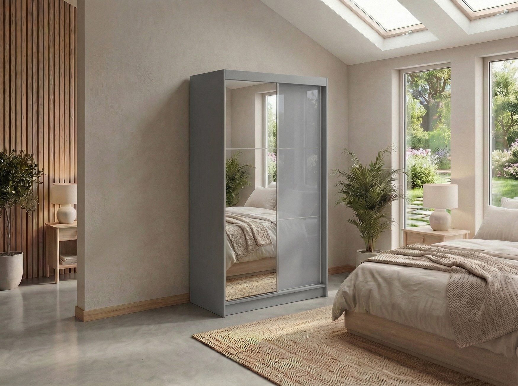 MKS MÖBEL Schiebetürenschrank WALENCJA 120 (Kleiderschrank mit Spiegel und Lacobel, mit Schiebetüren) Kleiderschrank mit Stauraum, 216 cm hoch, 61 cm tiefe