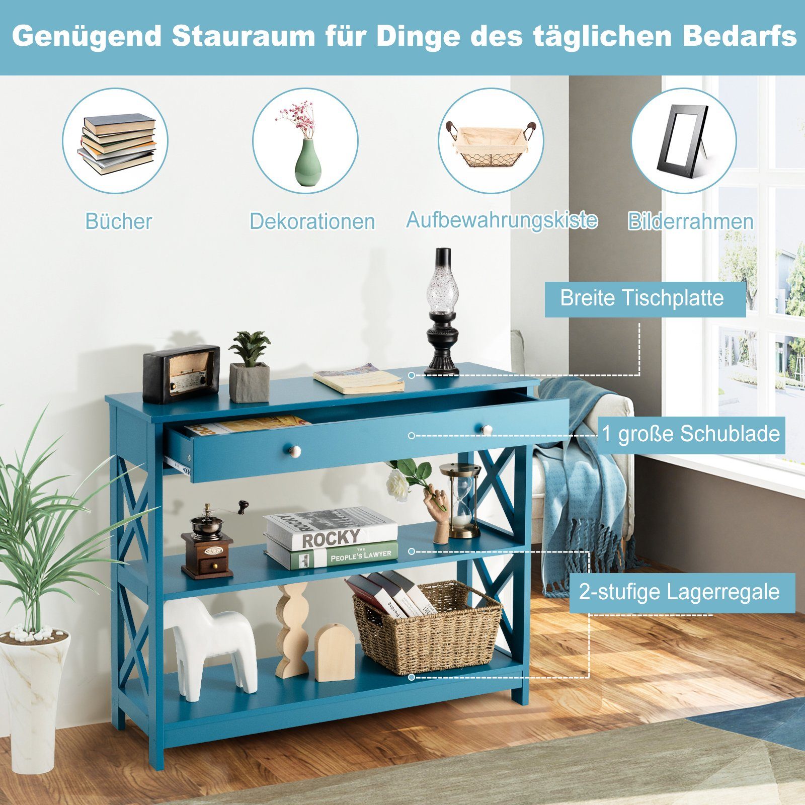x Ebenen Konsolentisch, Holz, 80 Blau mit x COSTWAY 3 100 30 cm Schublade,