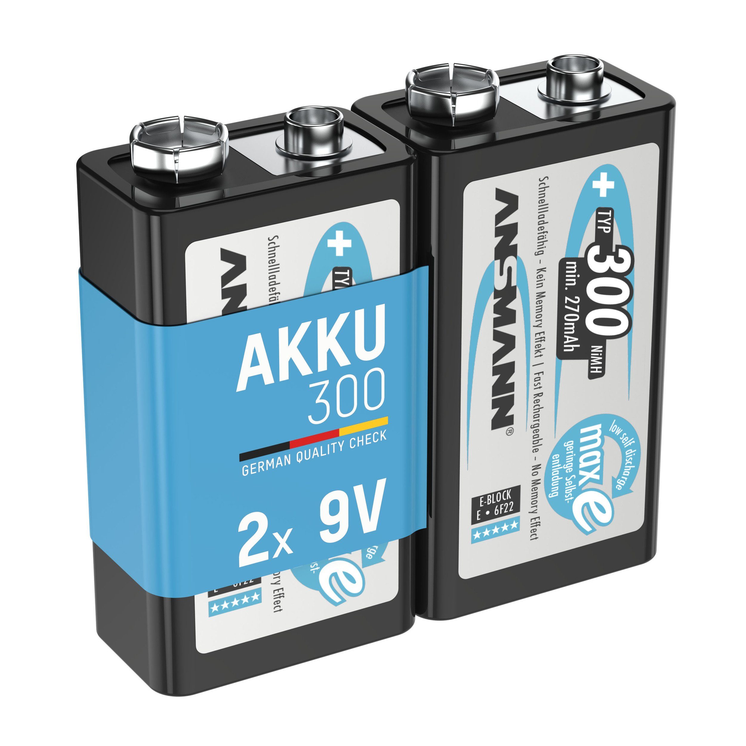 ANSMANN AG Akku 9V 300mAh E-Block NiMH – 1000x wiederaufladbar (2 Stück) Akku 300 mAh (8.4 V)