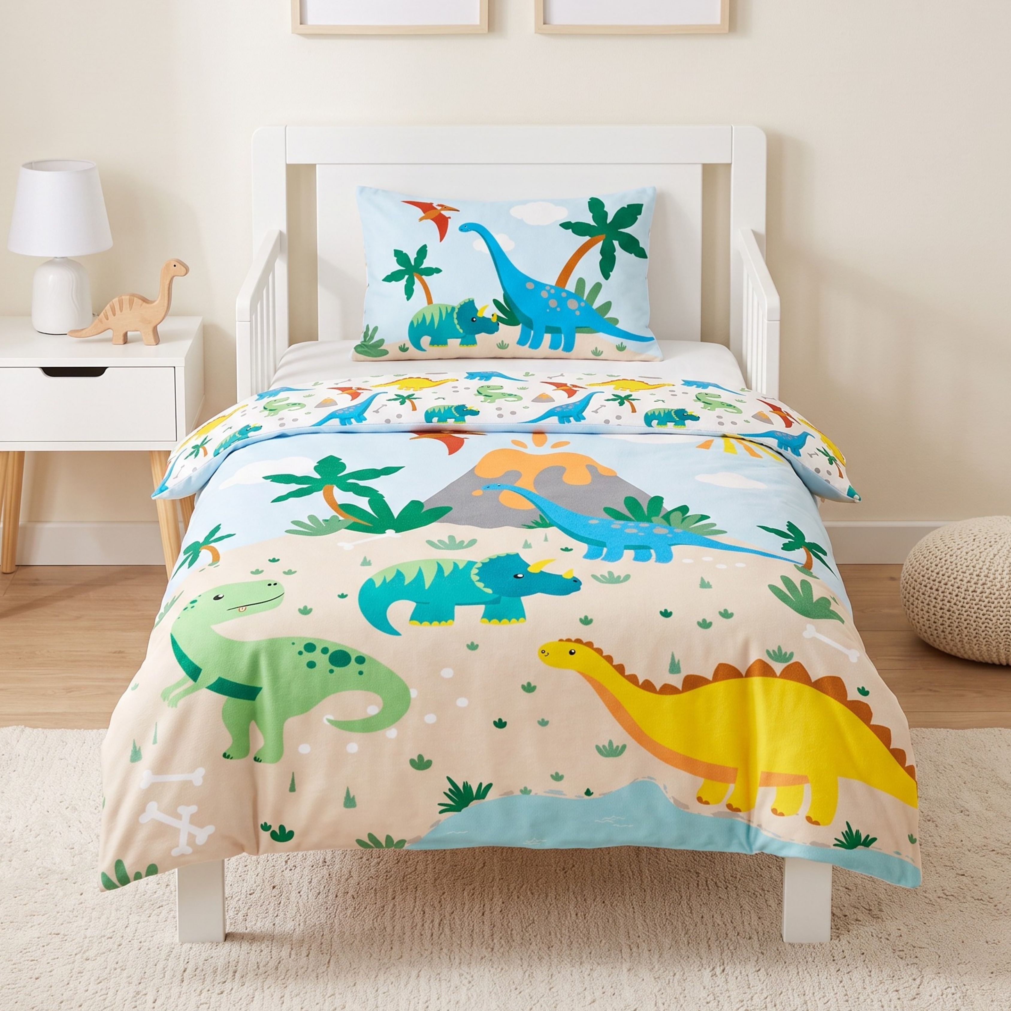 MTOnlinehandel Babybettwäsche Dino 100x135 + 40x60 cm, 100 % Baumwolle Flanell, Biber/Flanell, 2 teilig, Dinosaurier Kinderbettwäsche, fröhliches Kinderzimmer