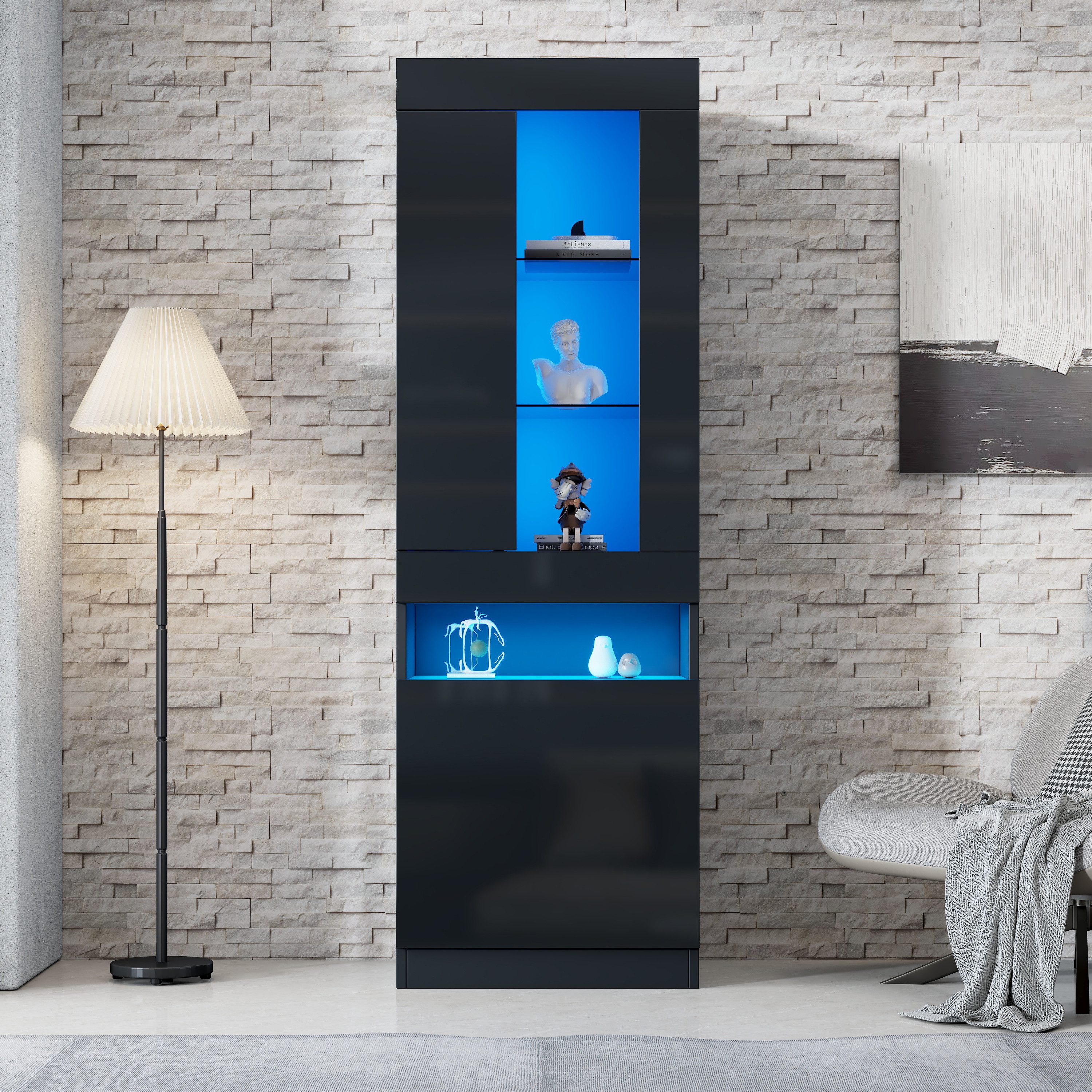 REDOM Vitrine Vitrine 50x180x40 cm, schwarz, LED & Hochglanzfront. (Vitrine,Standregal,Wohnzimmerschrank, 1-St., Vitrine mit LED Beleuchtung) mit LED-Lichtstreifen