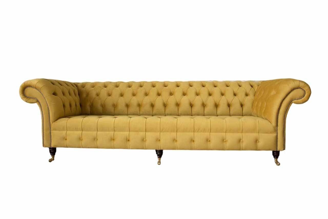 JVmoebel 4-Sitzer Design Sofa 4 Sitzer Polster Luxus Textil Chesterfield Sofas Gelb, 1 Teile, Mit Chesterfield-Knöpfen