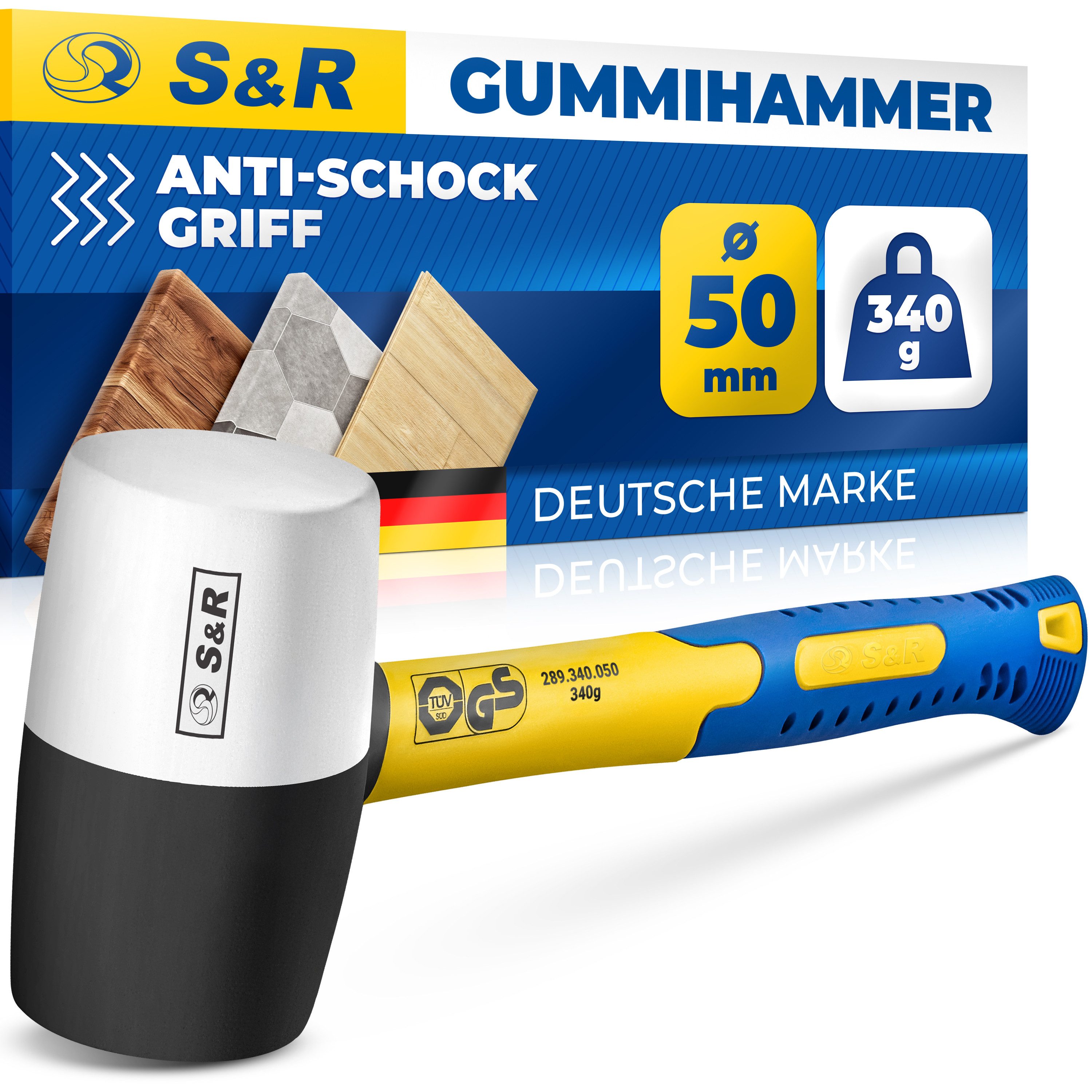 S&R Gummihammer Gummihammer Pflasterhammer Schwarz/Weiß 340g Profi Naturkautschuk (1-St), für Außenarbeiten zB. Pflastersteine, Fliesen, Camping