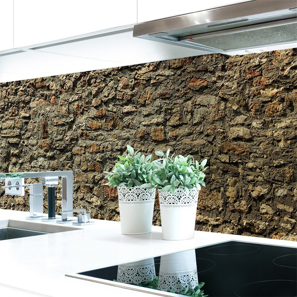 selbstklebend 0,4 DRUCK-EXPERT Steinmauer mm Hart-PVC Premium Küchenrückwand Küchenrückwand