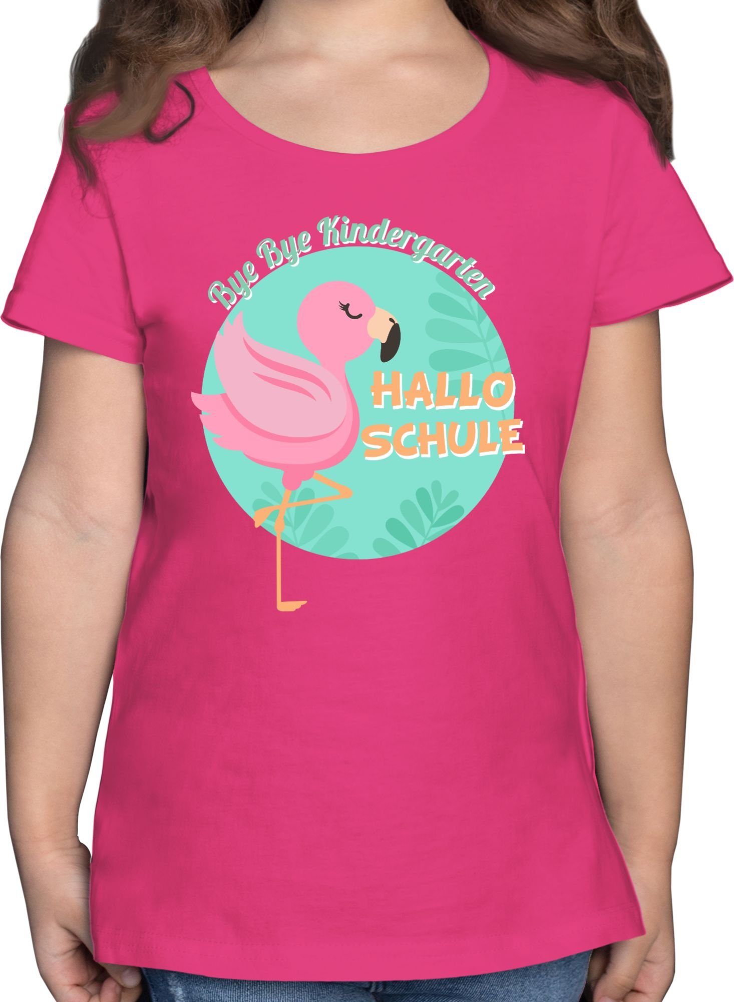 Shirtracer T-Shirt Bye Bye Kindergarten Hallo Schule Flamingo Einschulung Mädchen 1 Fuchsia