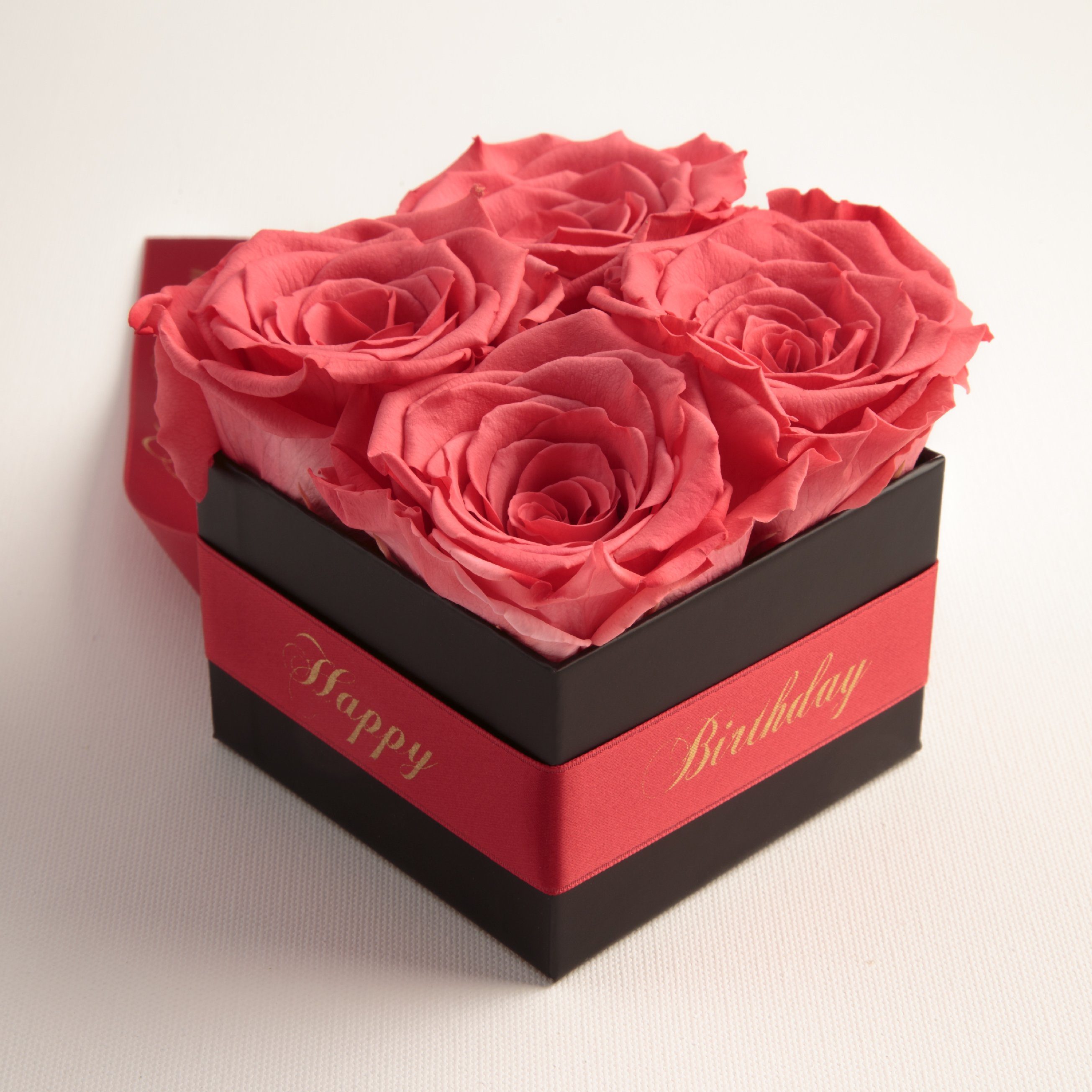 Rosenbox korall-rot Heidelberg, Höhe 3 Jahre ROSEMARIE Rose, Happy Rosen cm, Geburtstag haltbar Geschenk Birthday Infinity echte 8.5 für Kunstblume SCHULZ Frauen