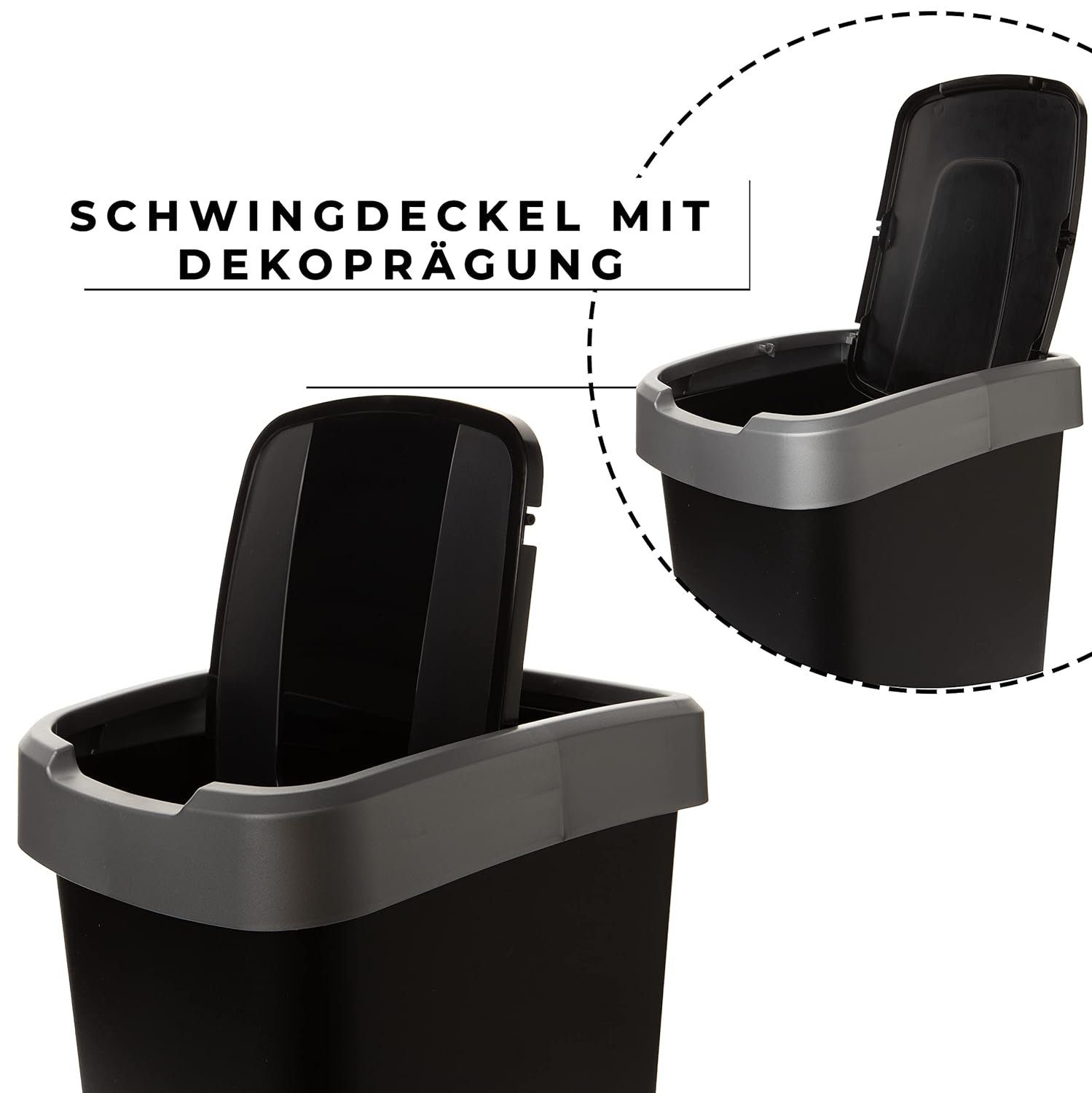 Mülleimer Centi Schwingdeckel, Abfalleimer Set mit mit 50l Schwarz/silber Mülleimer Deckel 2er Küche, Mülleimer