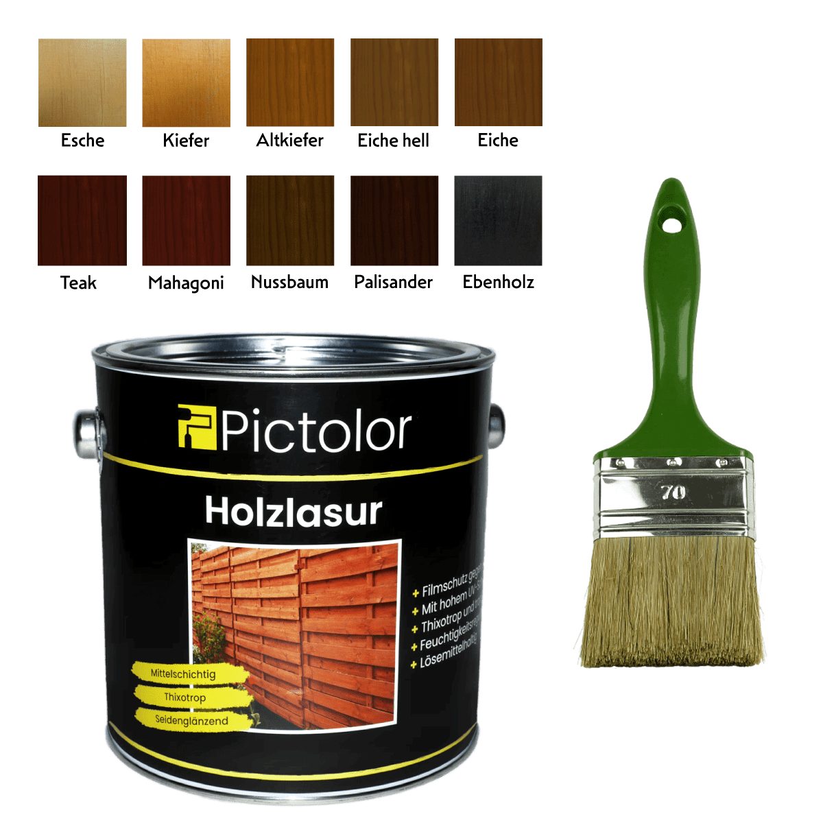 Pictolor Holzschutzlasur Pictolor® Holzanstrich-Set mit Инструмент 2,5 Liter Nussbaum