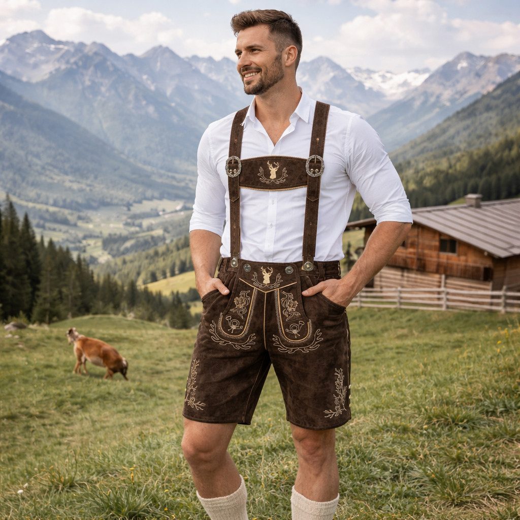 PAULGOS Trachtenhose Herren Lederhose Kurz mit Trägern 100% Echtleder - HK3