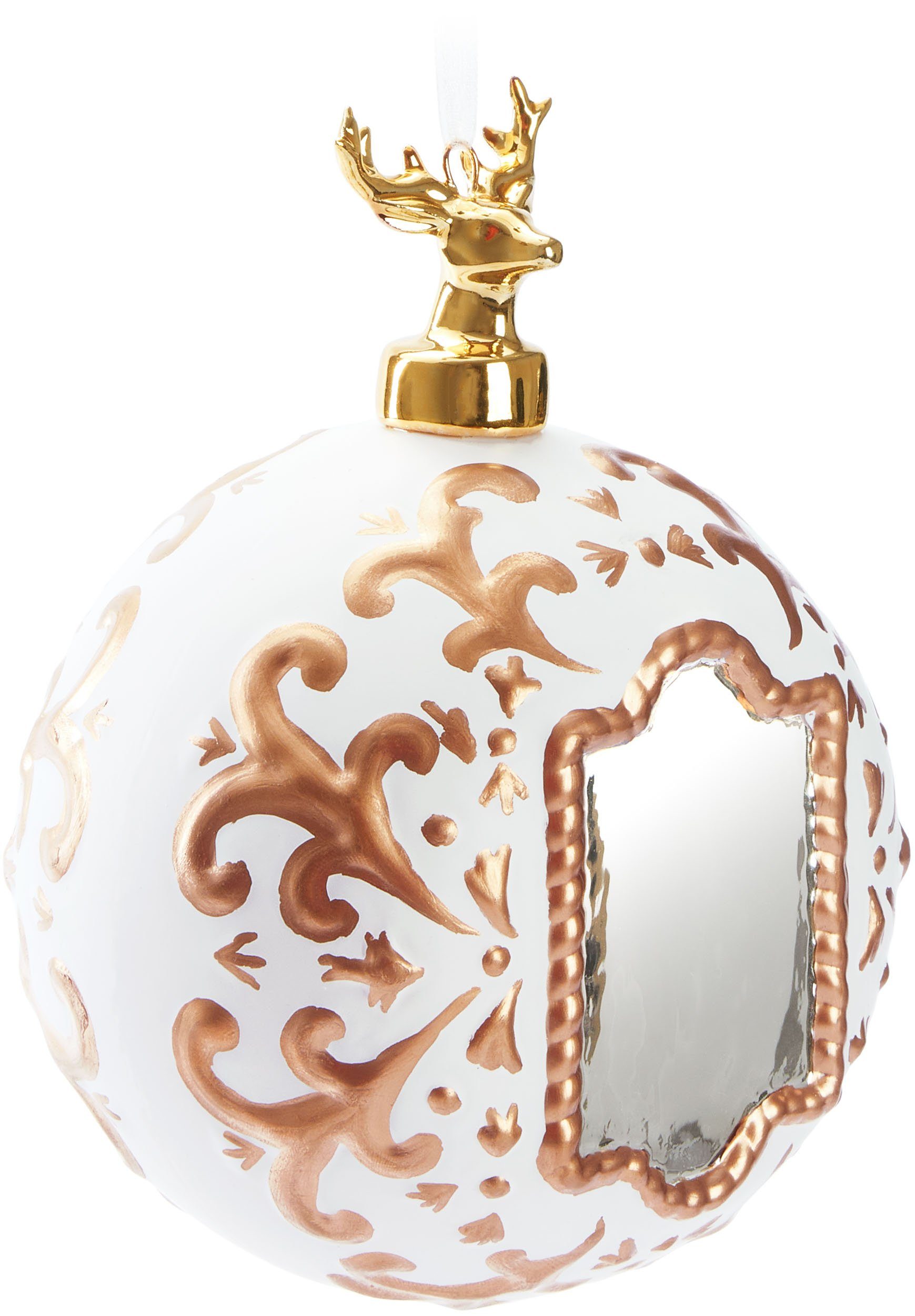 BRUBAKER Weihnachtsbaumkugel Premium Weihnachtskugel - Royal Deer - 10 cm Baumkugel mit Spiegel (1 St), Glas Christbaumkugel mit Gold Muster und Hirsch Figur - Handarbeit Weiß