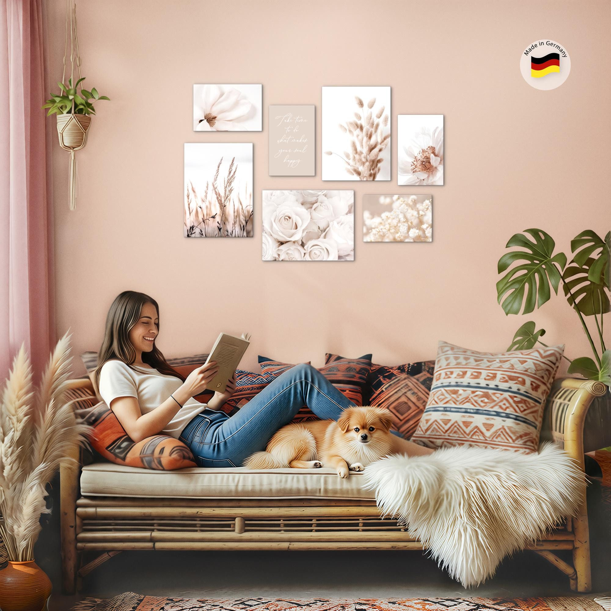 Novart Wandbild Boho Natur Blumen Beige KOMPLETT AUFHÄNGFERTIG Deko, Boho