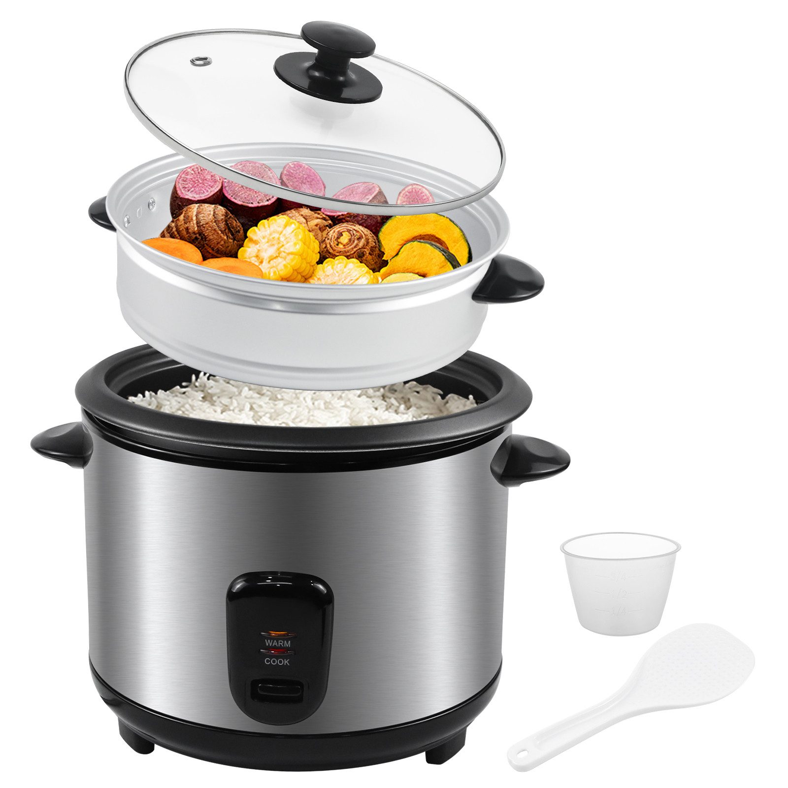 Gotoll Reiskocher OZSRC-18 1,8L 10 Portione Warmhaltefunktion, 700,00 W, mit Pfannenwender, Dampfgaraufsatz, Kochbehälter, Messbecher