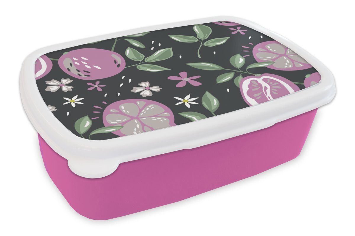 MuchoWow Lunchbox Sommer - Blumen - Obst - Schwarz, Kunststoff, (2-tlg), Brotbox für Erwachsene, Brotdose Kinder, Snackbox, Mädchen, Kunststoff rosa