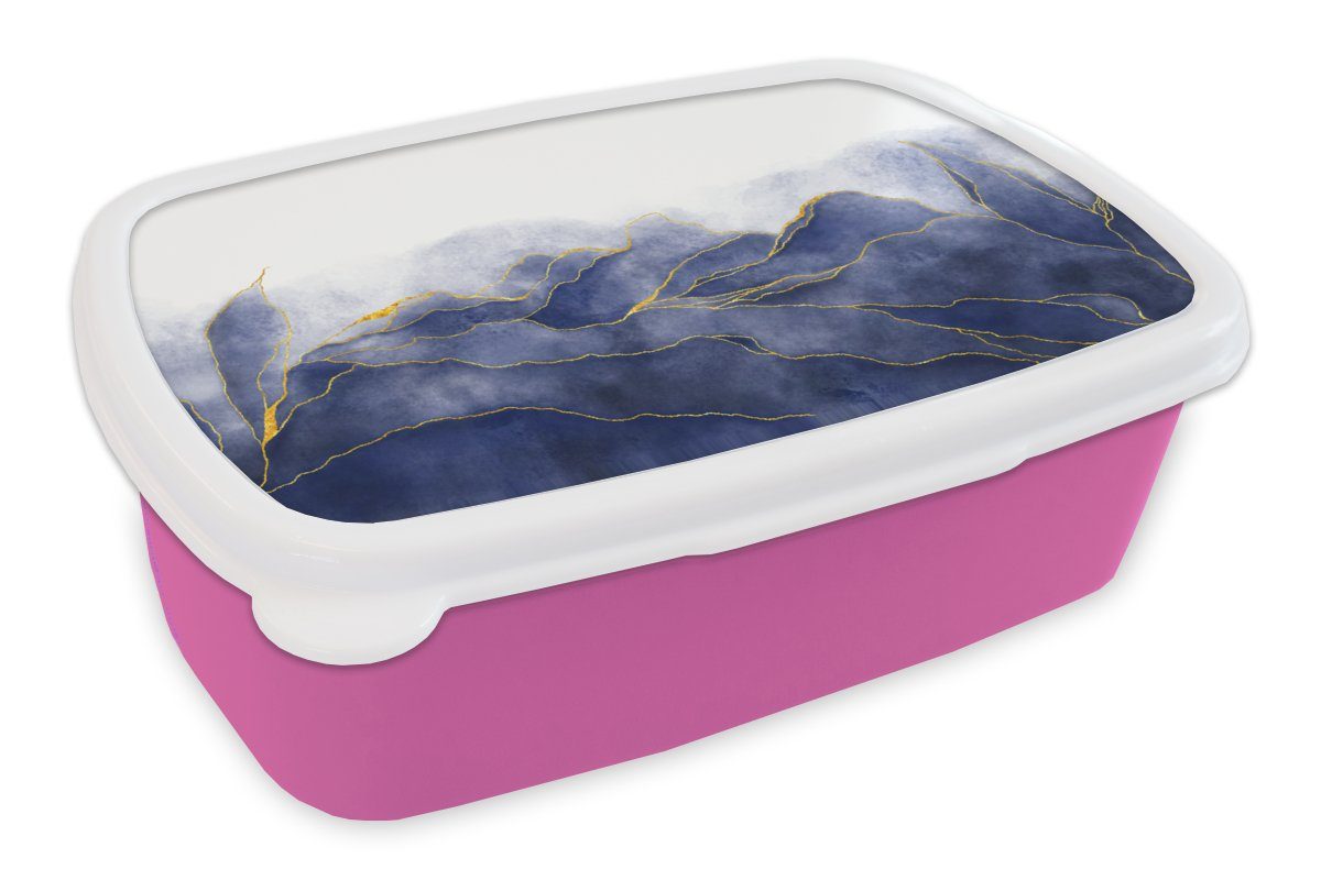 MuchoWow Lunchbox Marmor - Blau - Marmoroptik - Gold - Textur, Kunststoff, (2-tlg), Brotbox für Erwachsene, Brotdose Kinder, Snackbox, Mädchen, Kunststoff rosa