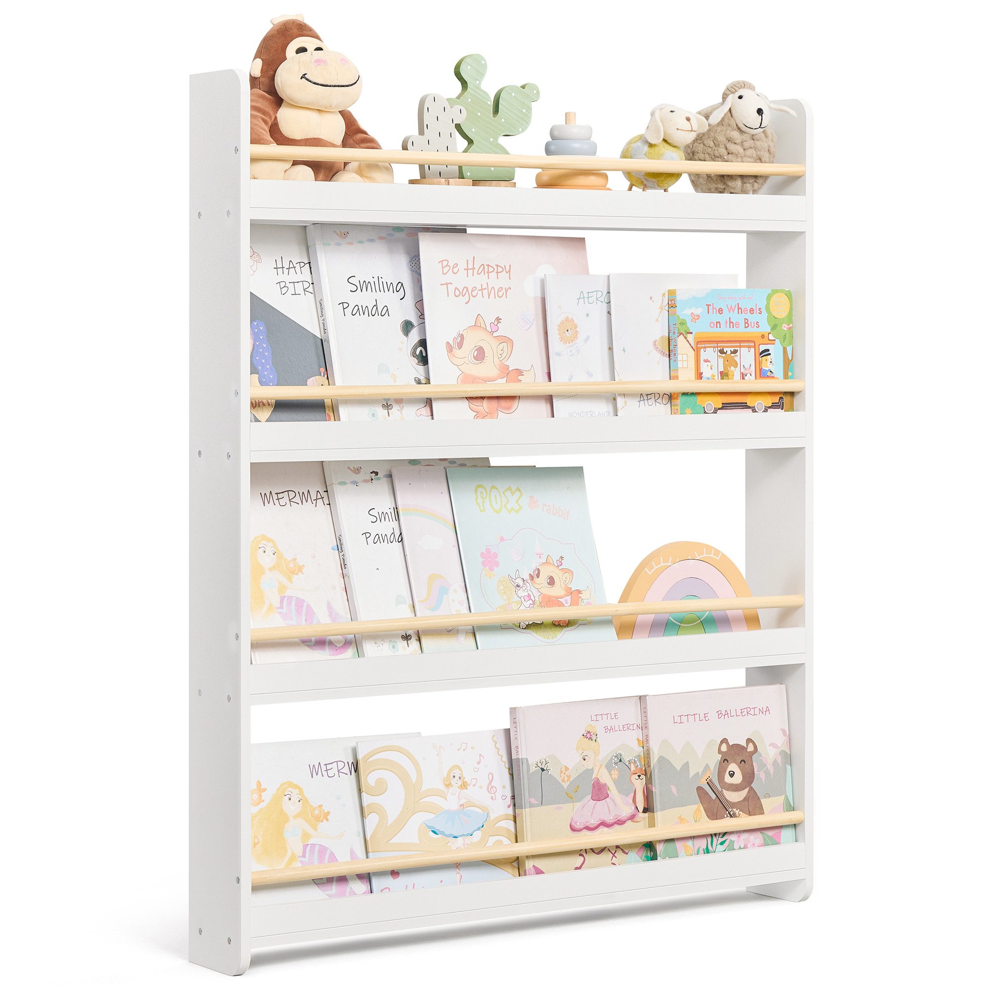 SONGMICS Spielzeugtruhe Bücherregal Kinder, mit 4 Ebenen, Spielzeugregal, Wandregal, für Kinderzimmer, Spielzimmer
