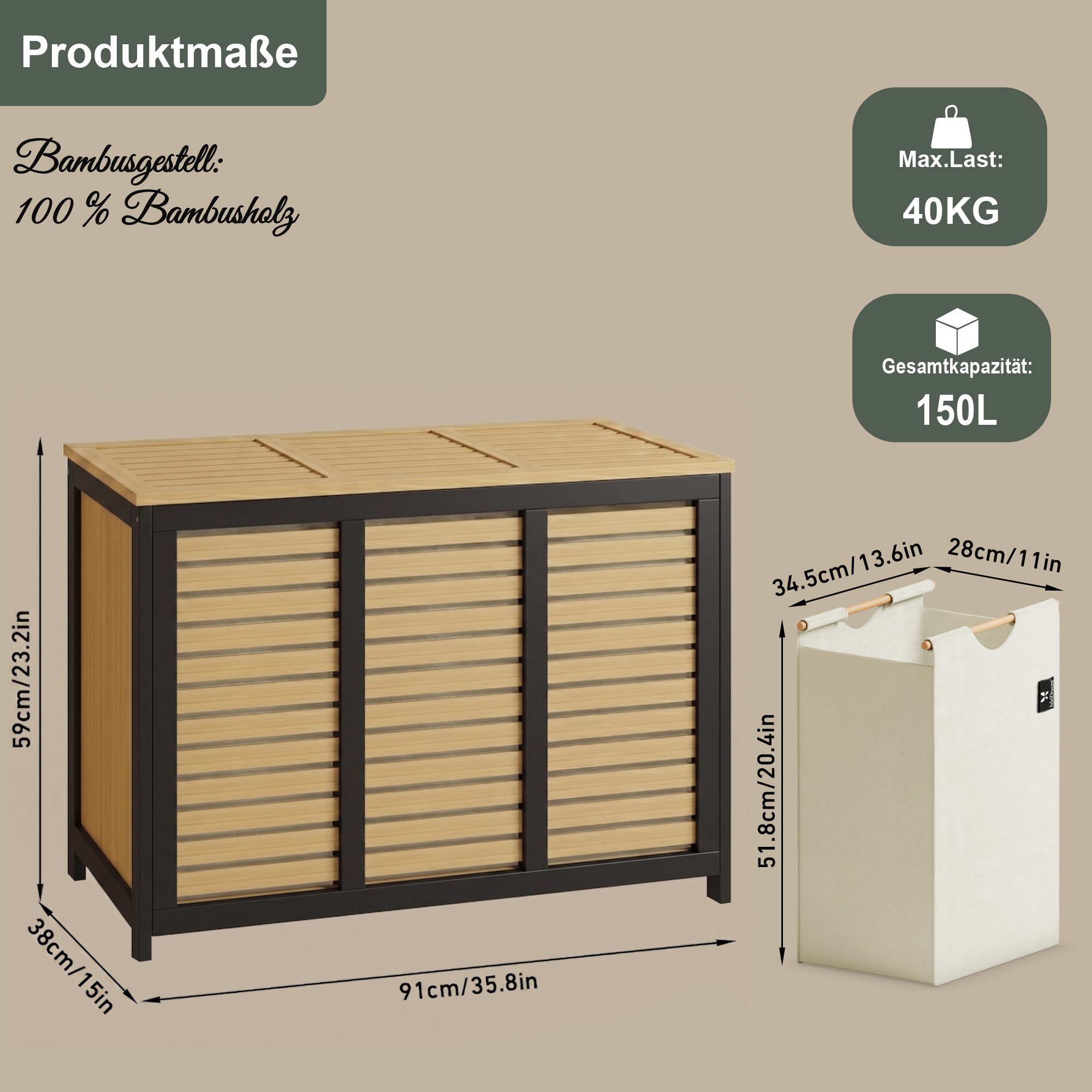AdelDream Wäschekorb 150L Großer Wäschesammler 3 Fächer Gestreiftes Design