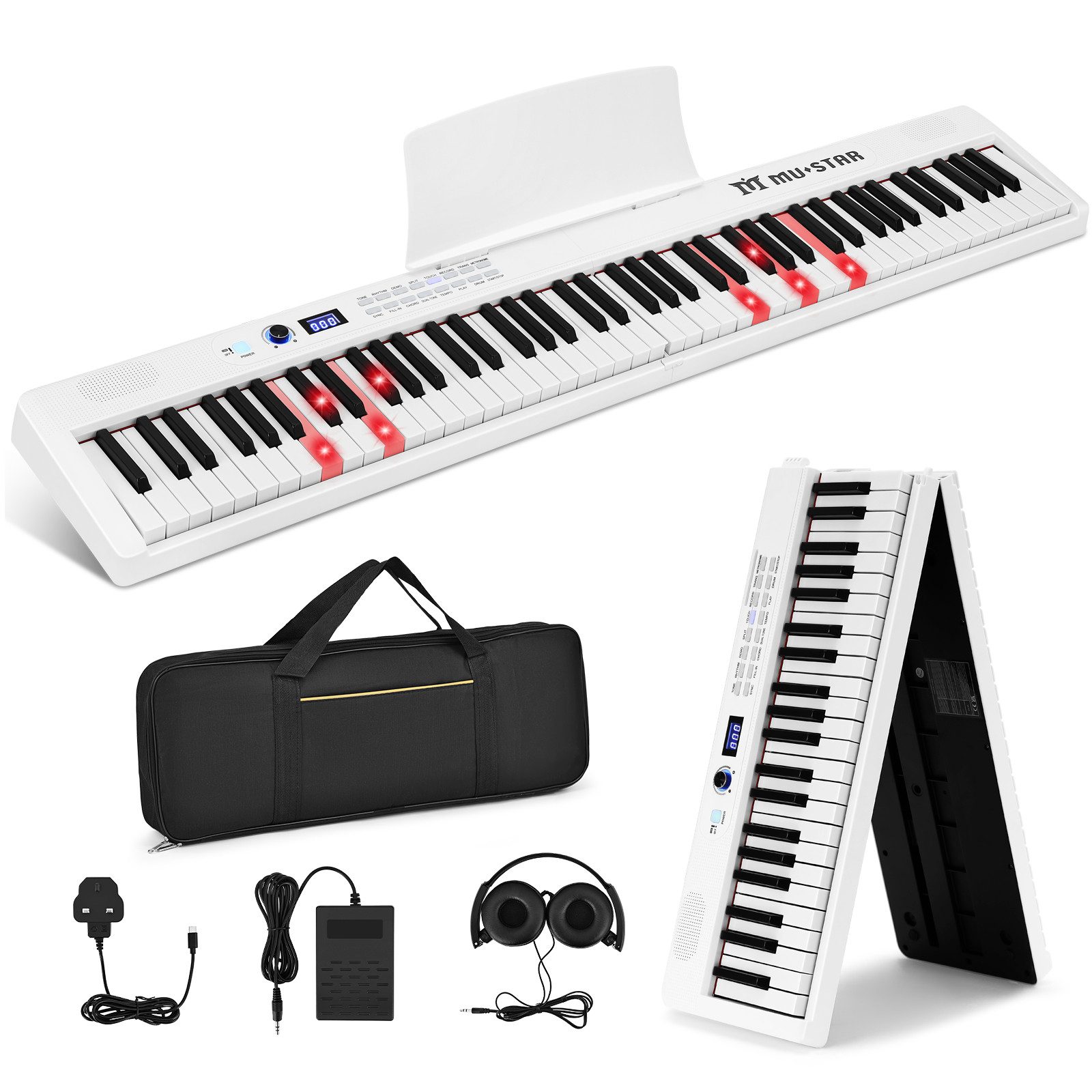 MUSTAR Digitalpiano 88 Tasten Faltbares Klavier mit Beleuchteter Tasten (1-St., mit Bluetooth, MIDI, Sustain Pedal, Kopfhörer für Anfänger), Halbgewichtige Digital Piano, Tragbares E-piano