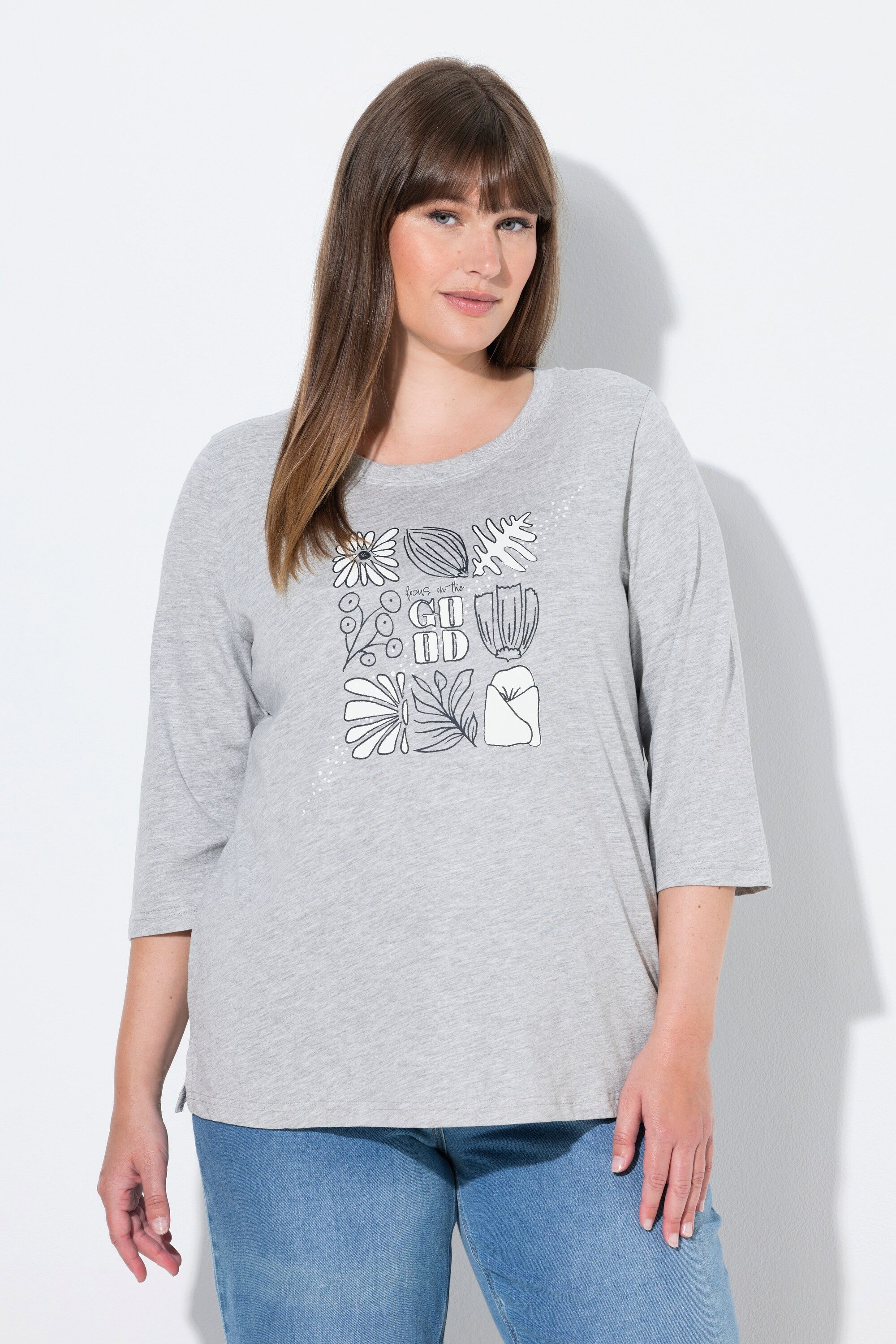 Ulla Popken T-Shirt Shirt Blätter Rundhals 3/4-Arm Biobaumwolle