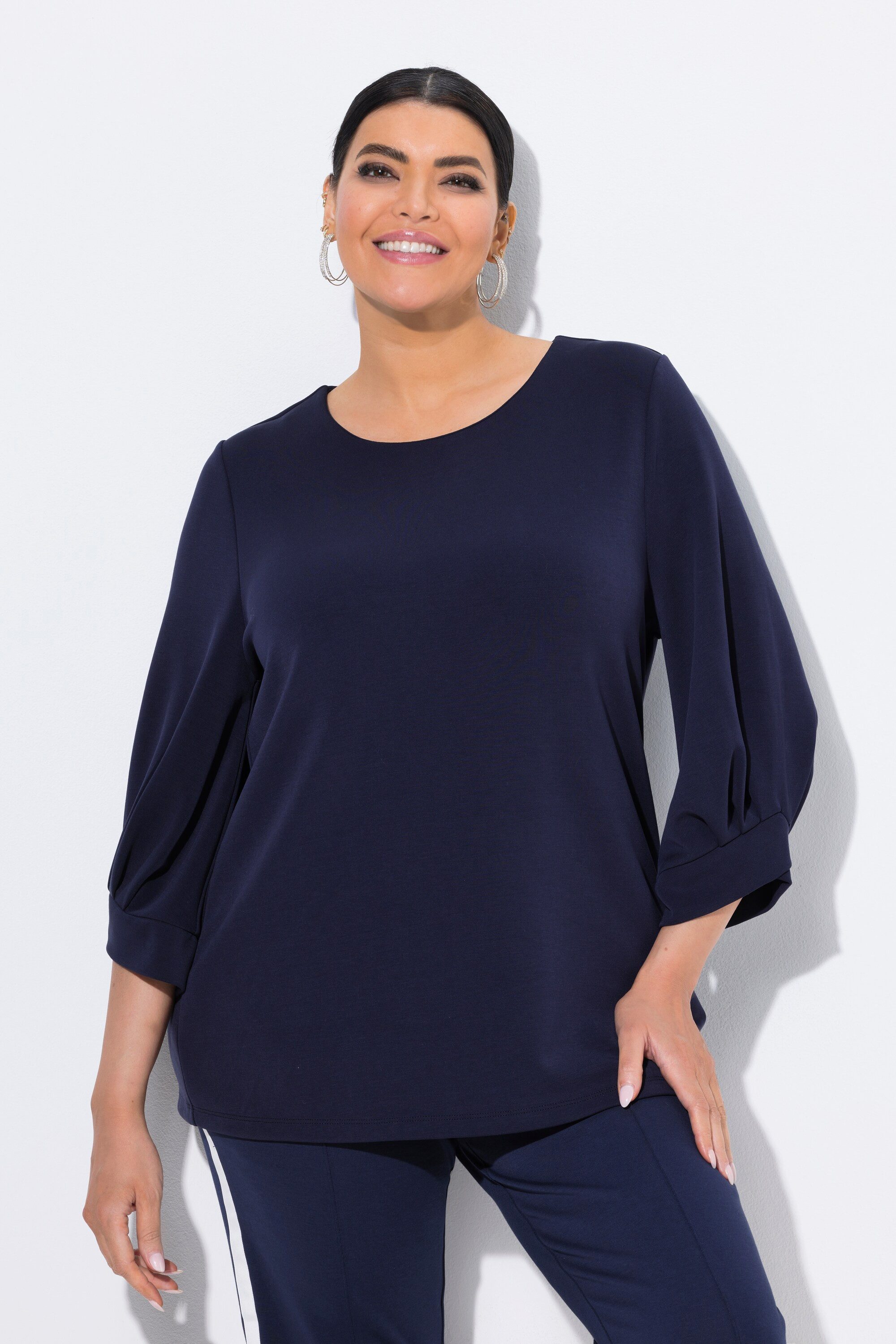 Ulla Popken Sweatshirt Sweatshirt Zierfalten Rundhals 3/4-Ballonärmel günstig online kaufen