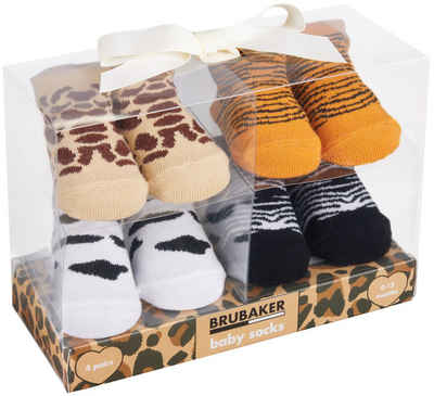 BRUBAKER Socken Babysocken für Jungen und Mädchen 0-12 Monate (4-Paar, Baumwollsocken mit Safarimustern) Baby Geschenkset für Neugeborene in Geschenkverpackung mit Schleife
