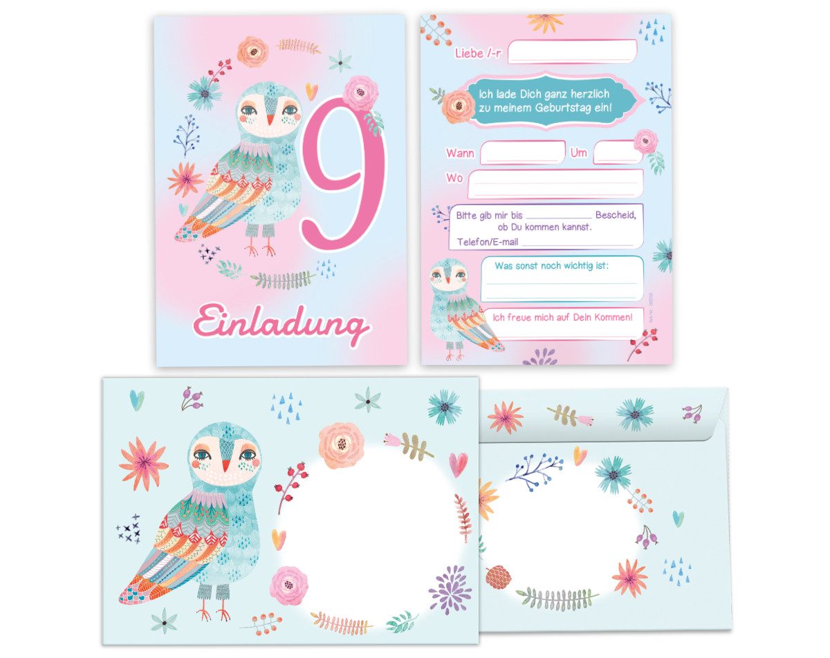 JUNAPACK Einladungskarten Eule zum 9. Kindergeburtstag Einladungen mit Umschlägen Karten Tiere, Einladungskarten mit Umschlägen zum neunten Kindergeburtstag Eule