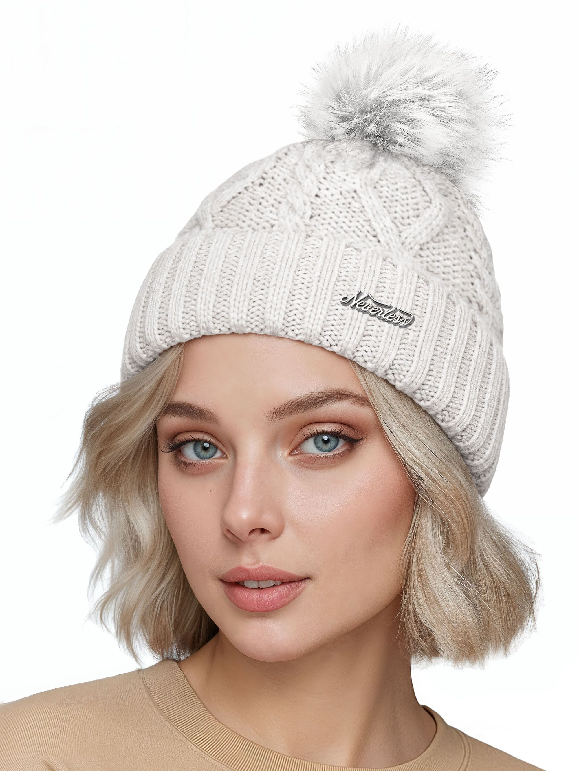 Neverless Bommelmütze gefütterte Damen Strickmütze Fell-Bommel Fleece-Futte günstig online kaufen