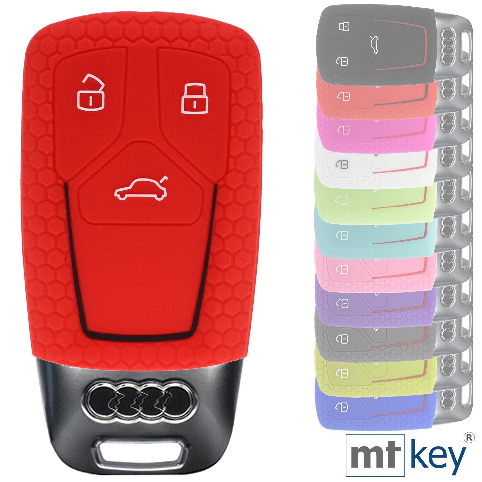 mt-key Schlüsseltasche Autoschlüssel Softcase Silikon Schutzhülle im Wabe Design Rot, für Audi A4 A5 A6 A7 TT Q2 Q5 Q7 A8 Q8 3 Tasten KEYLESS SMARTKEY