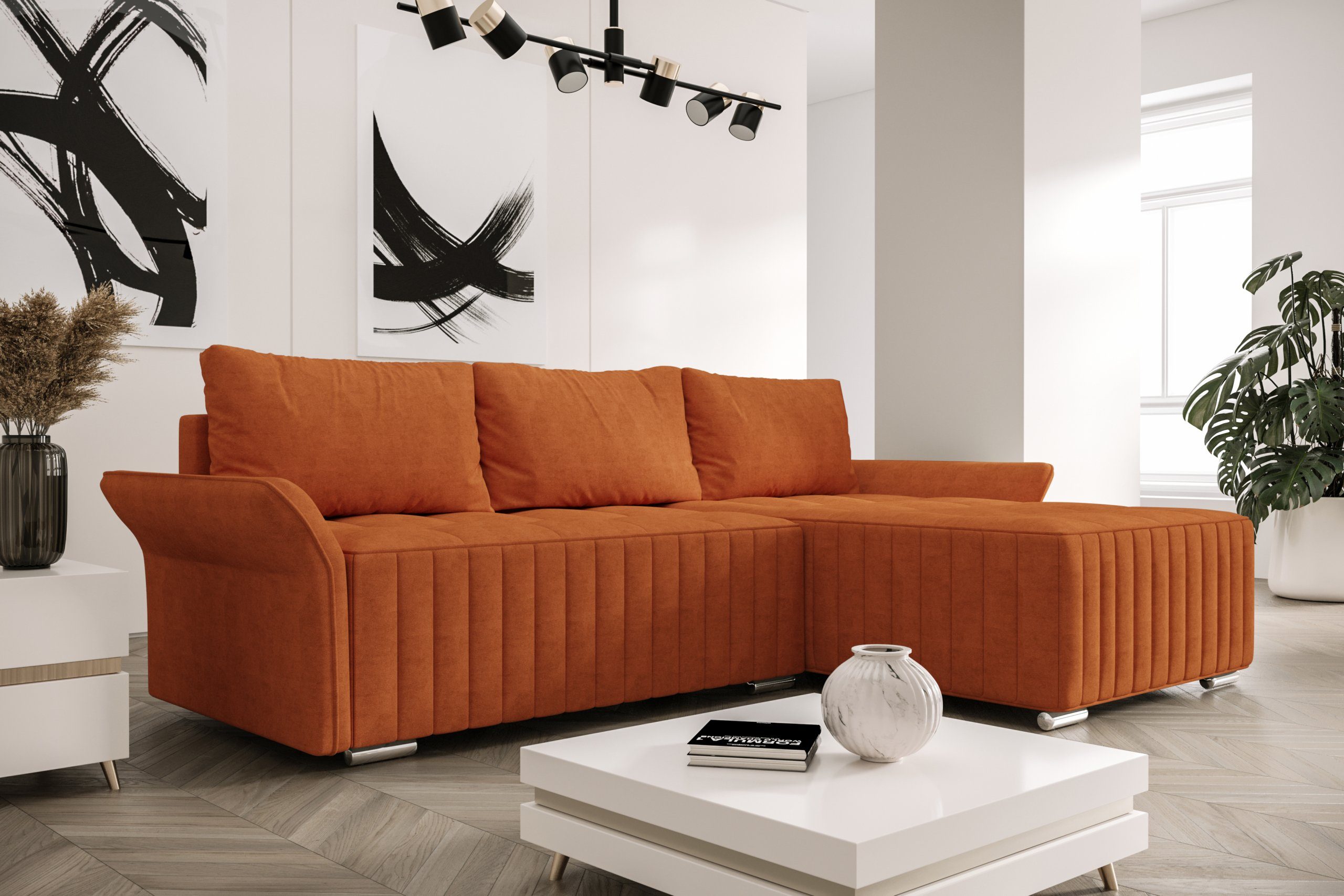 ROYAL24_MARKT Ecksofa Elegante Komfortzone Moderne Ecksofas, Flexibles Wohn-Set, Moderner Stil, Ausklapp-Automat, Rückenkissen inklusive Orange