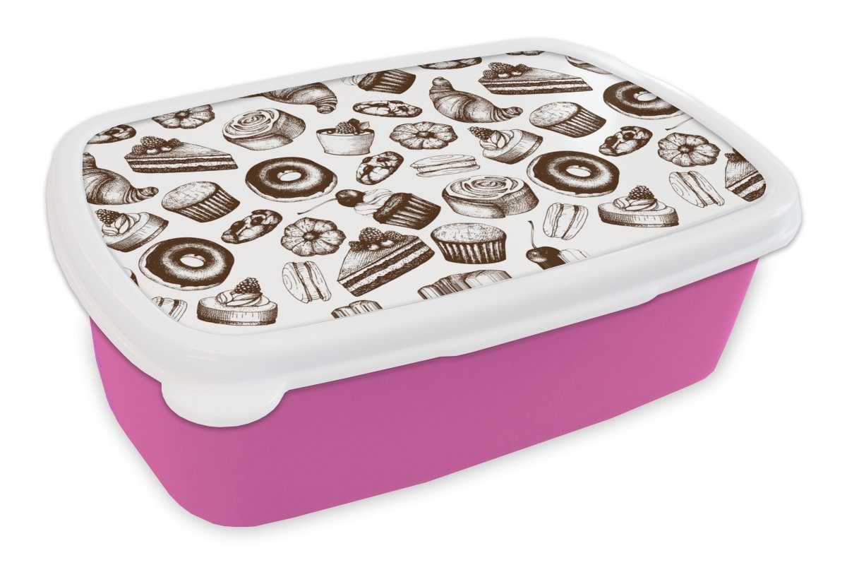 MuchoWow Lunchbox Brot - Konditorei - Vintage - Design, Kunststoff, (2-tlg), Brotbox für Erwachsene, Brotdose Kinder, Snackbox, Mädchen, Kunststoff rosa